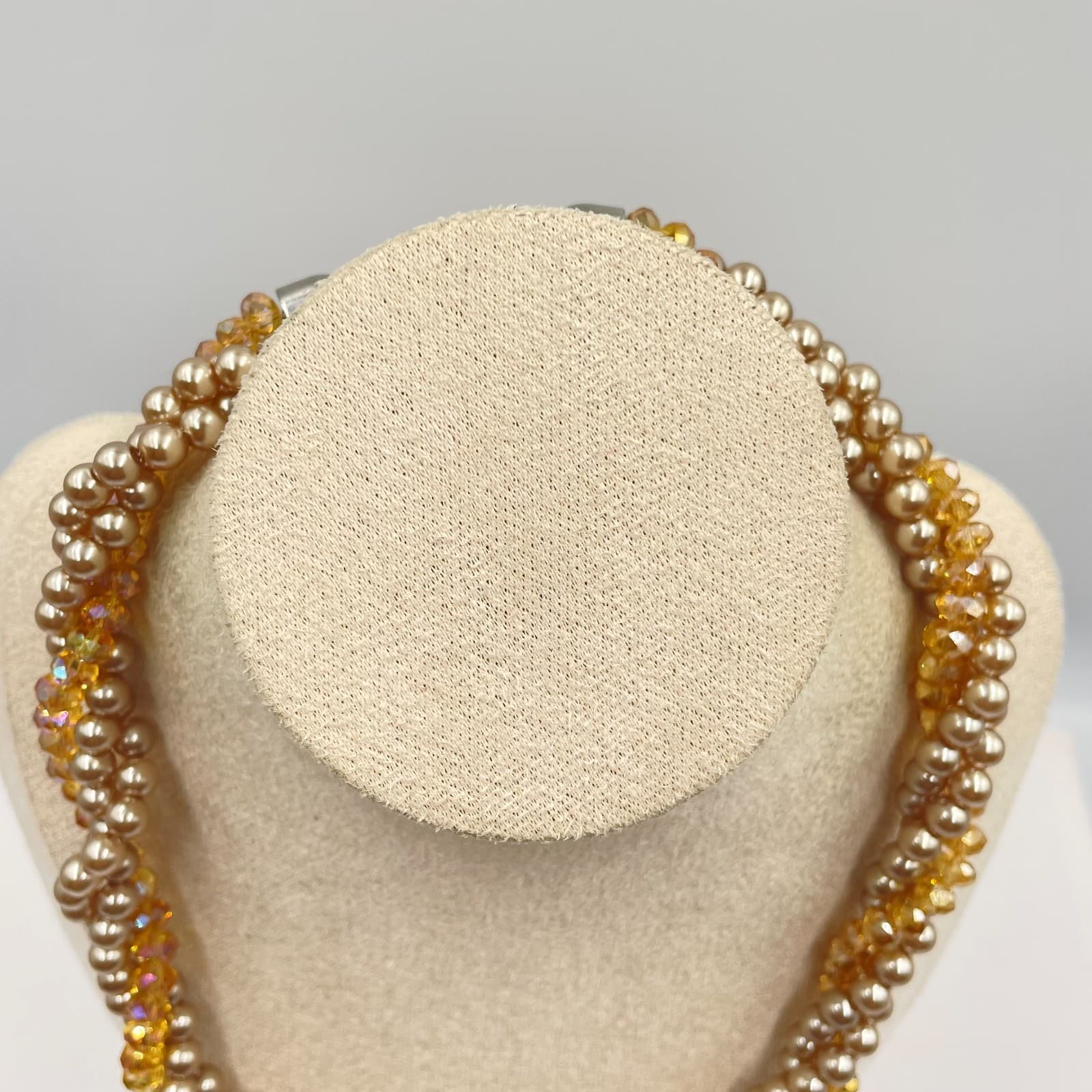 Adjustable Amber-Tone Faceted Glass Faux Pearls Beads Torsade Lobster Necklace - Thumbnail 2