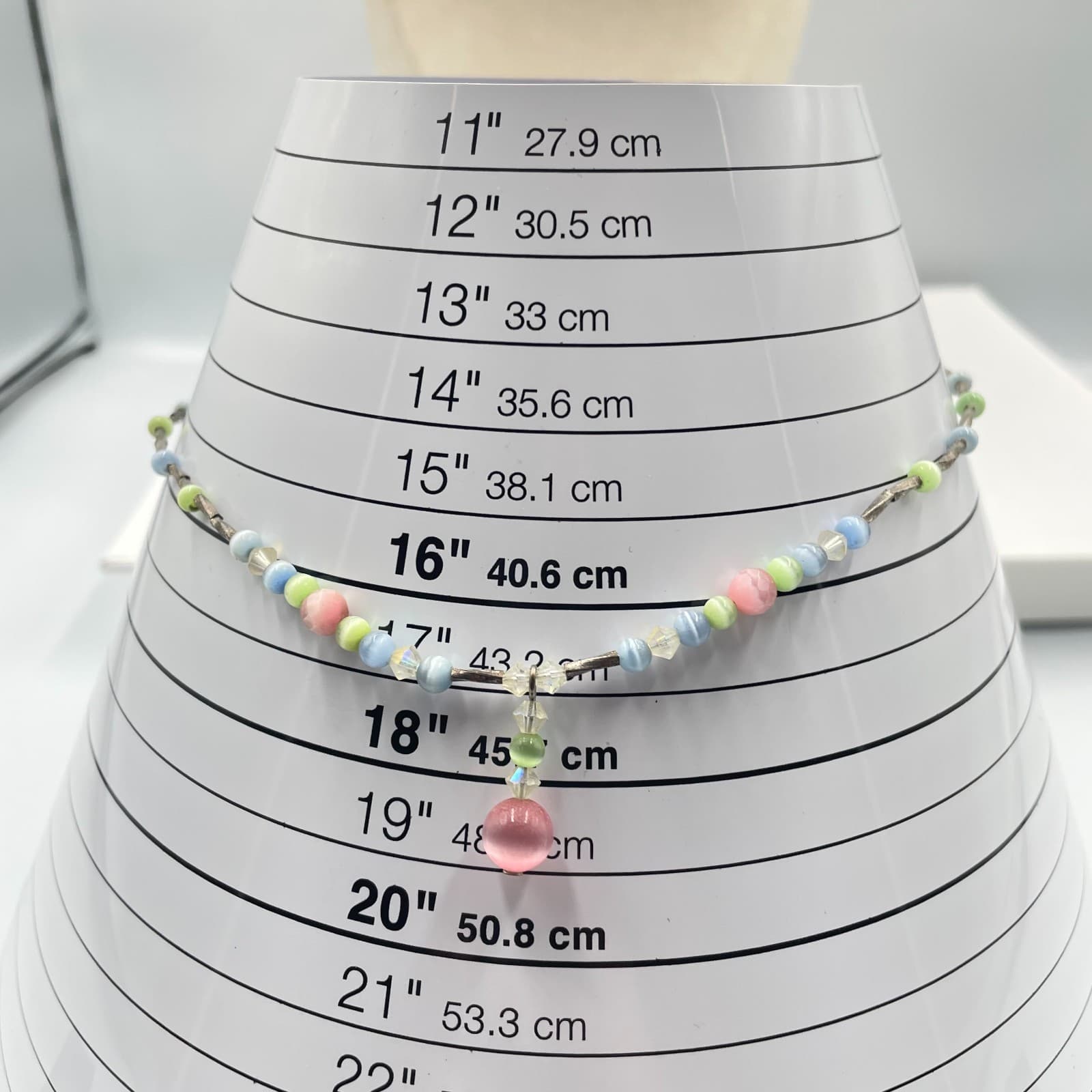 Y2K Pastel-Tone Faceted Bicone Crystals Cat's Eye Pendant Beads Station Necklace - Thumbnail 6