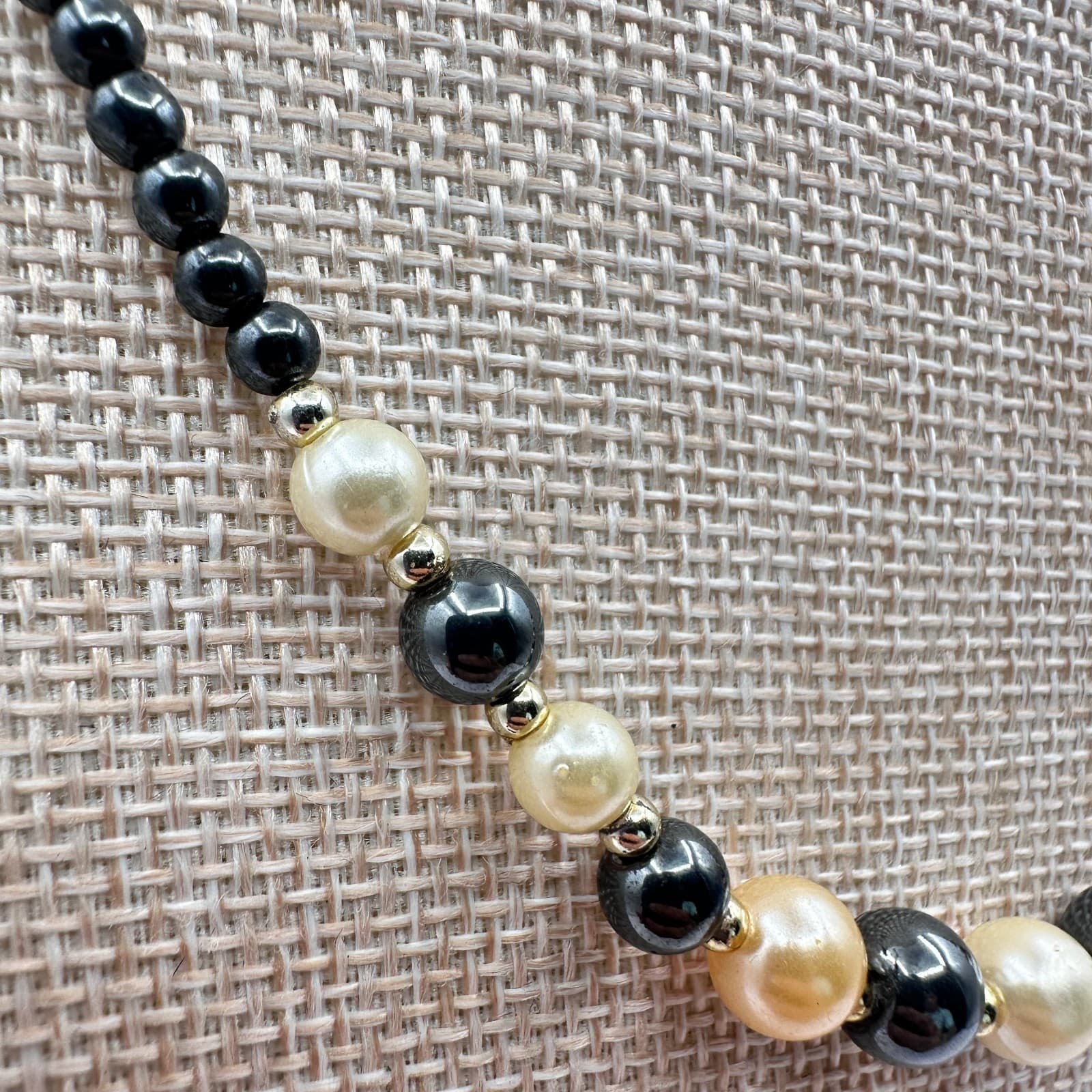 Vintage Y2K Cream Faux Pearl Black Beaded Statement Necklace Gold Tone Jewelry - Thumbnail 4