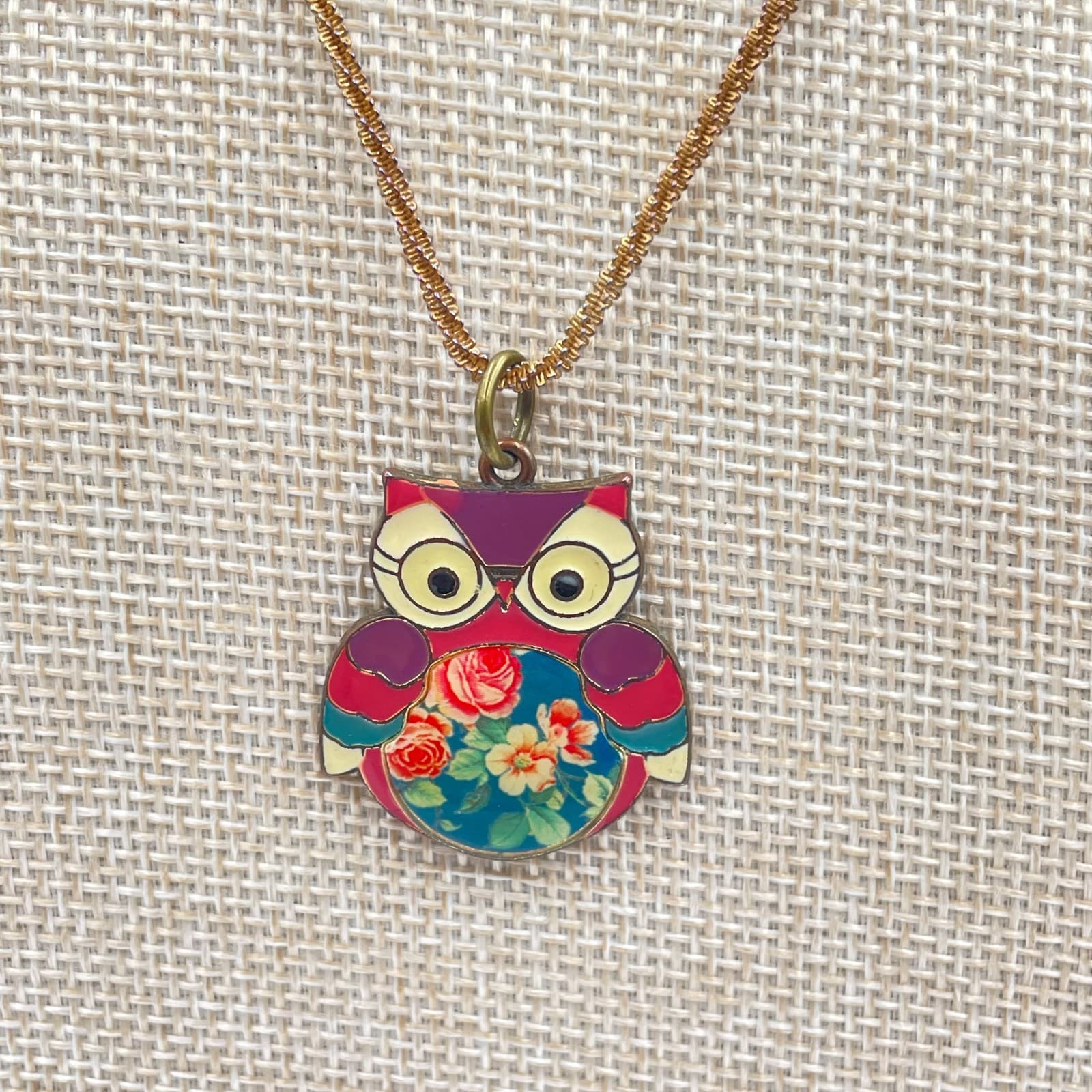 Afterthoughts Y2K Gold-Tone Multicolor Floral Enamel Coated Owl Pendant Necklace - Thumbnail 3