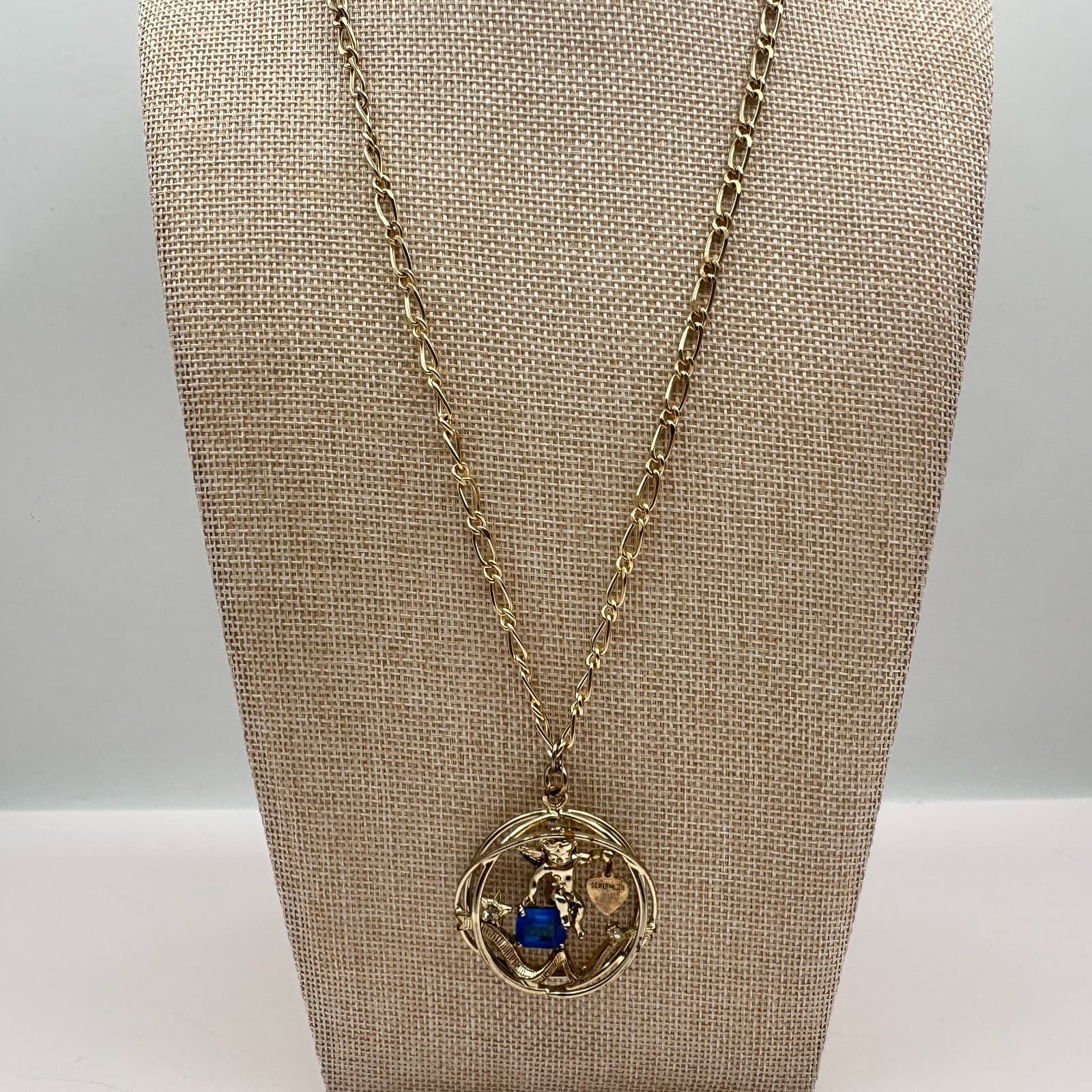 Vintage 80s September Birthstone Angel Pendant Necklace Blue Crystal Charm Gold - Thumbnail 4