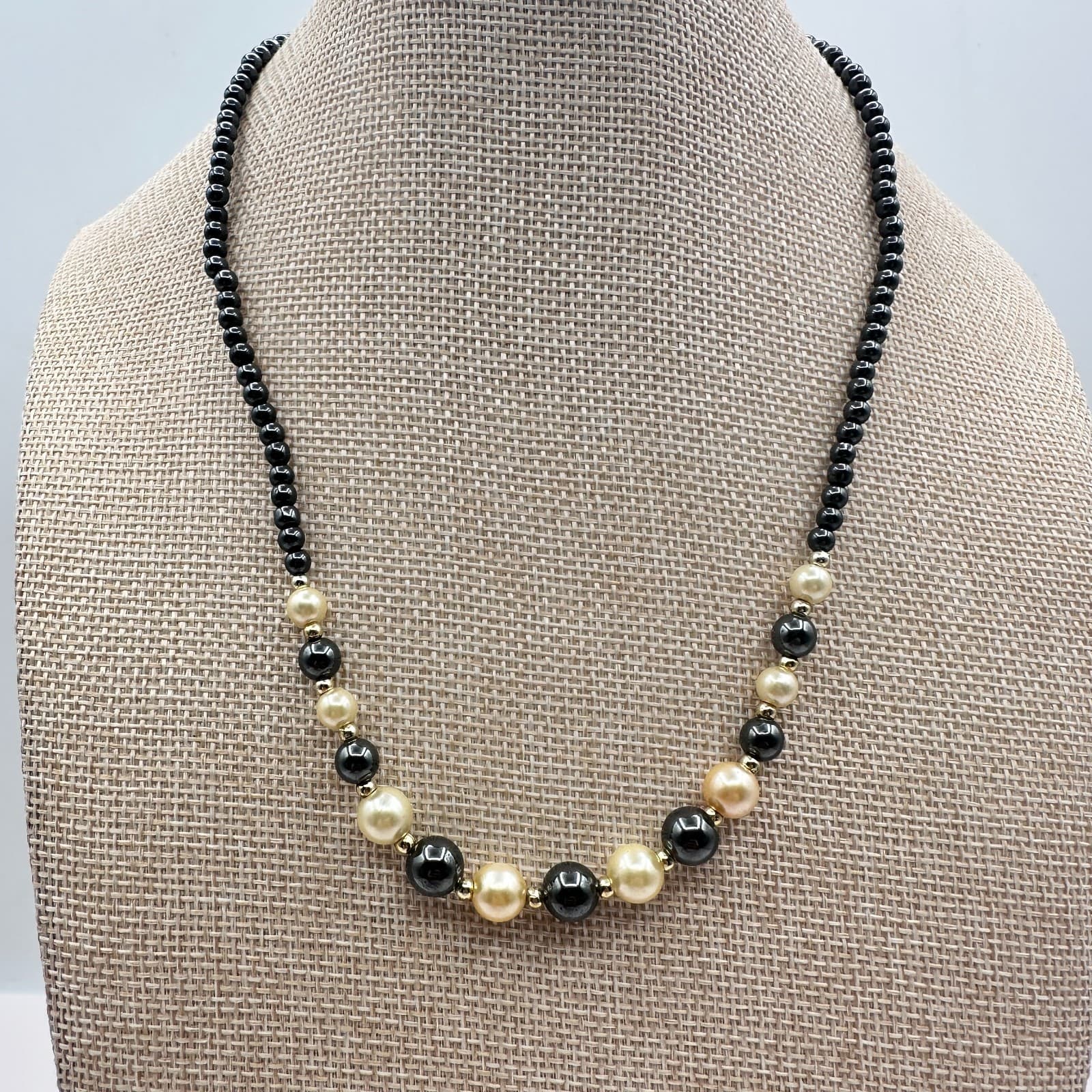 Vintage Y2K Cream Faux Pearl Black Beaded Statement Necklace Gold Tone Jewelry - Thumbnail 7
