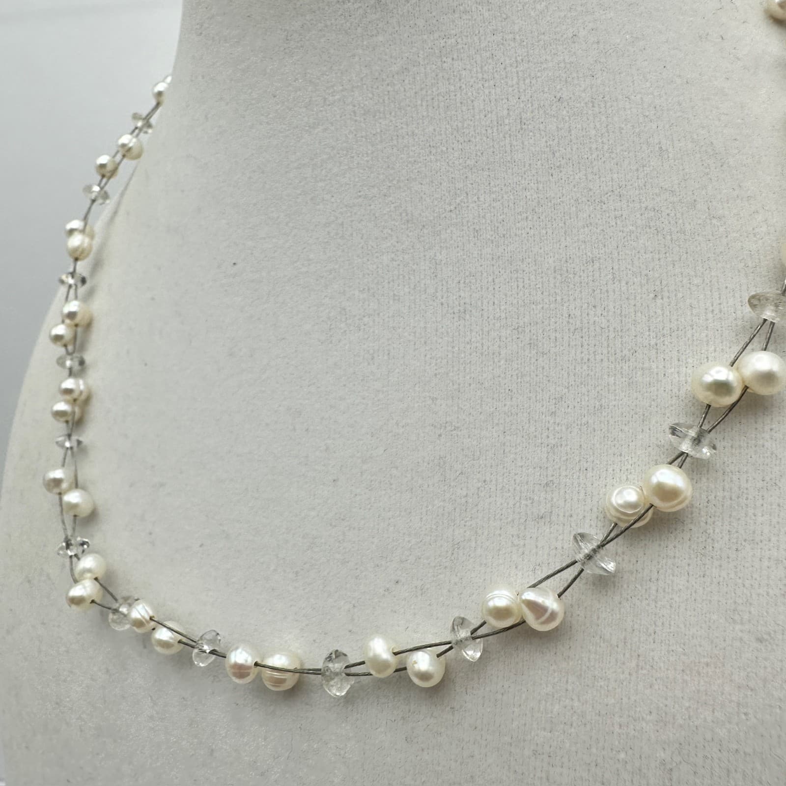Vintage Y2K Floating Pearl Necklace Double Wire Strand Clear Glass Beads Boho - Thumbnail 3