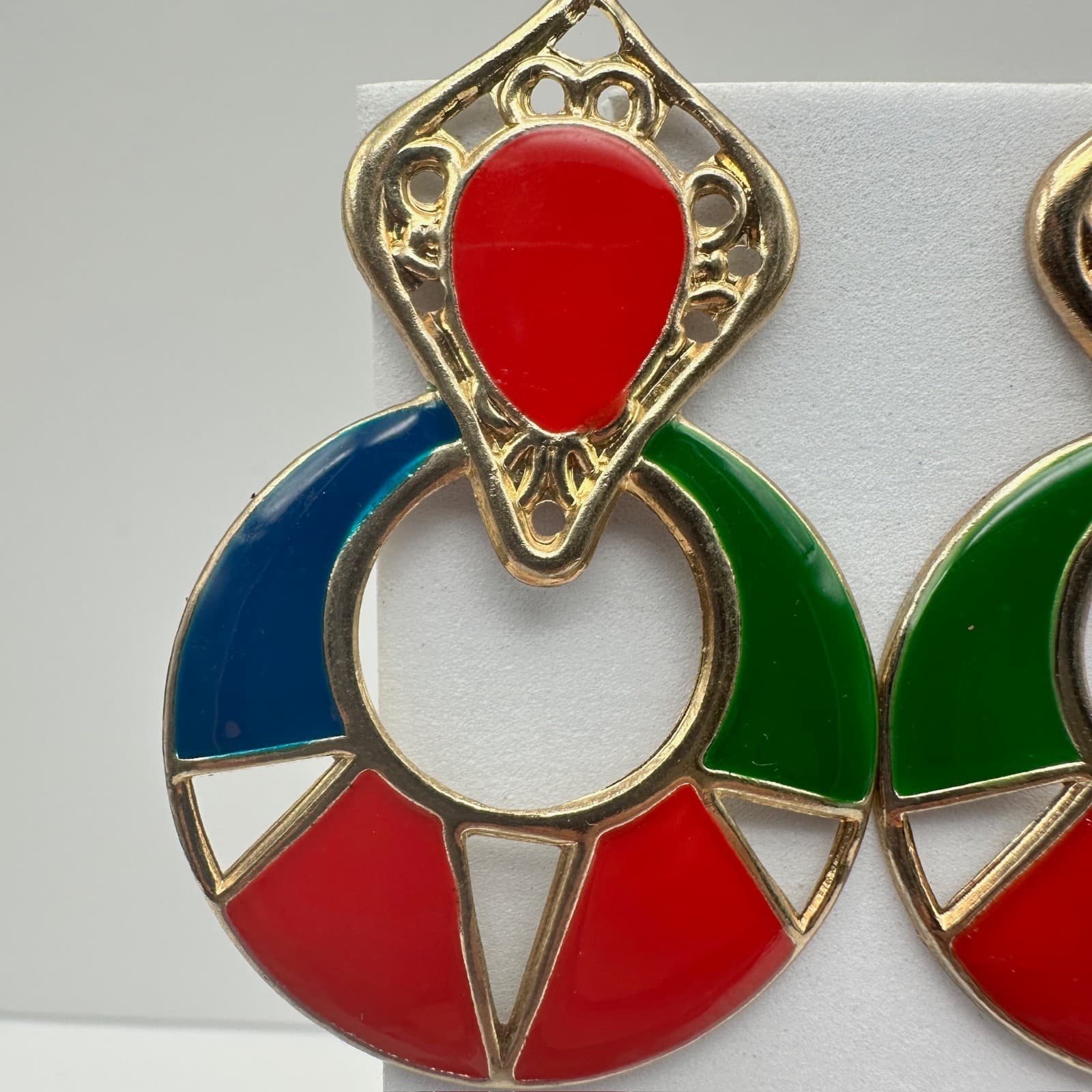 Vintage 80s Colorful Enamel Door Knocker Earrings Gold Tone Women's Jewelry - Thumbnail 4