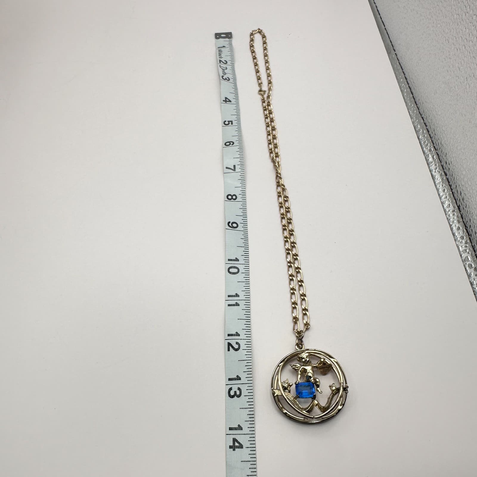 Vintage 80s September Birthstone Angel Pendant Necklace Blue Crystal Charm Gold - Thumbnail 7