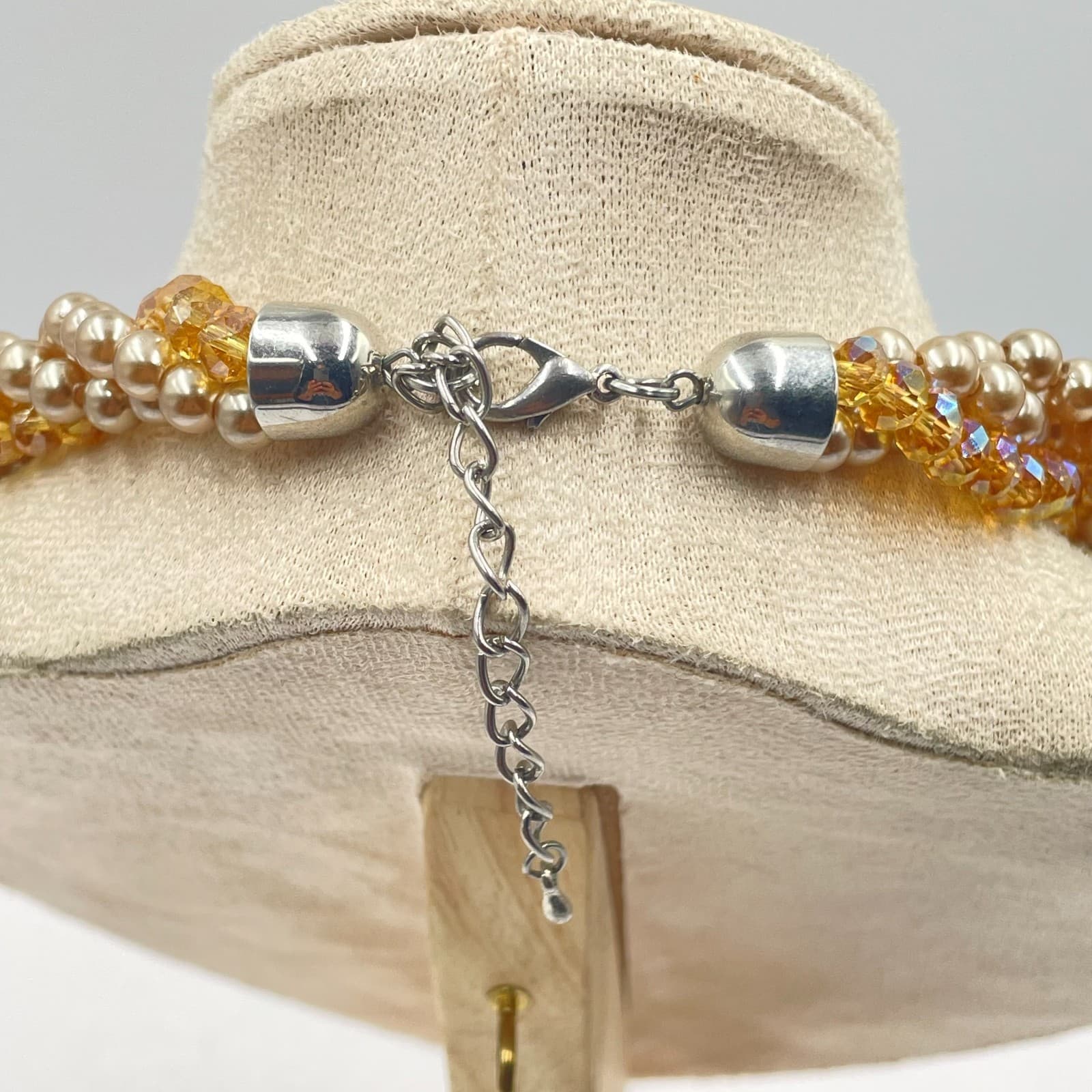 Adjustable Amber-Tone Faceted Glass Faux Pearls Beads Torsade Lobster Necklace - Thumbnail 5