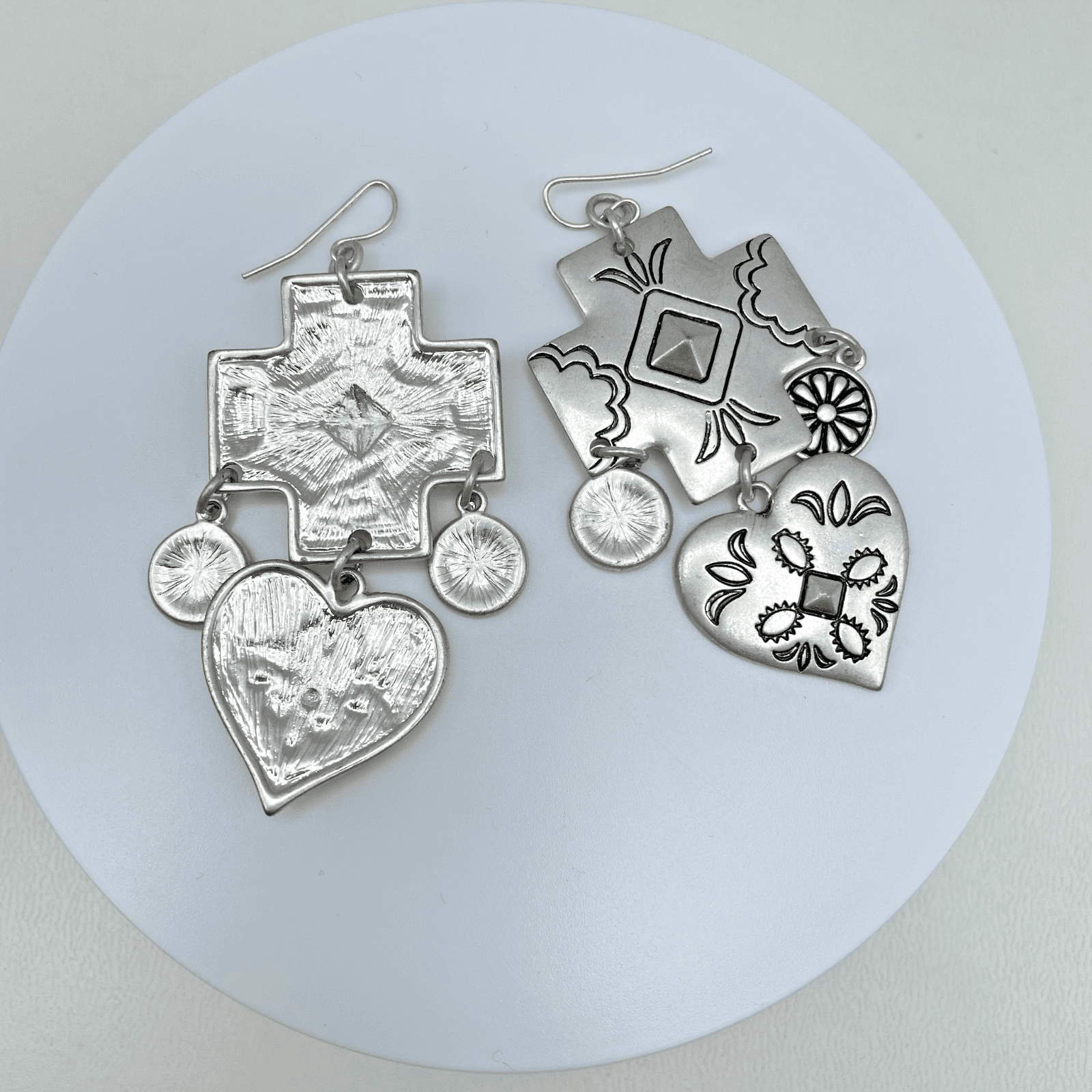 Vintage 90s Floral Cross Heart Dangle Earrings Silver Tone Women's Jewelry - Image 1