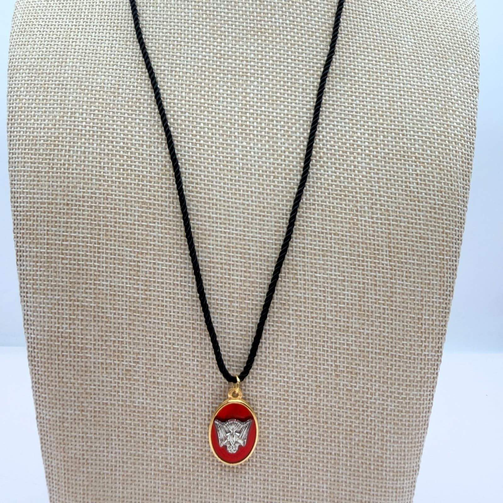 Vintage 70s Spirit Dove Confirmation Pendant Medal Red Enamel Gold Tone Jewelry - Thumbnail 3