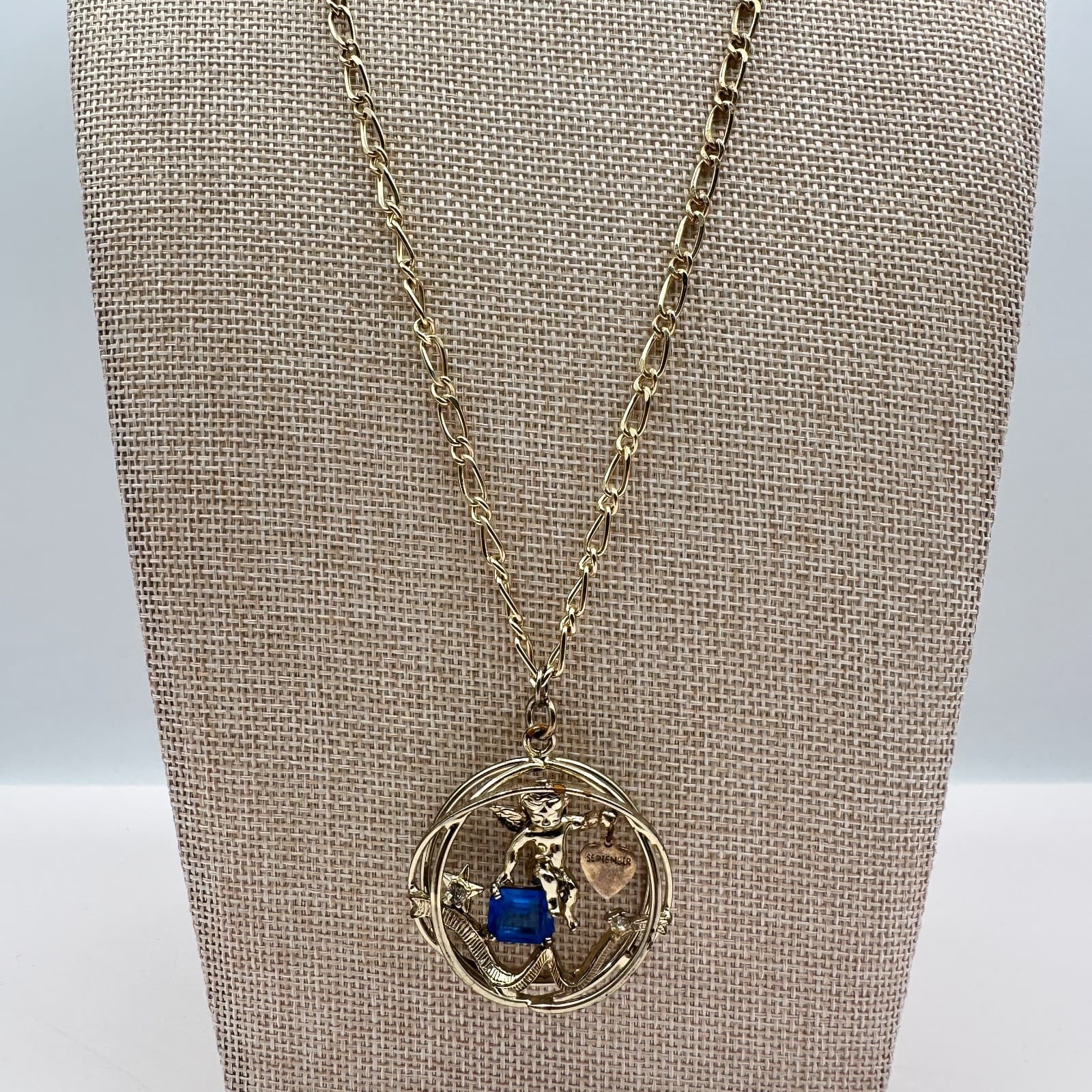 Vintage 80s September Birthstone Angel Pendant Necklace Blue Crystal Charm Gold - Thumbnail 2