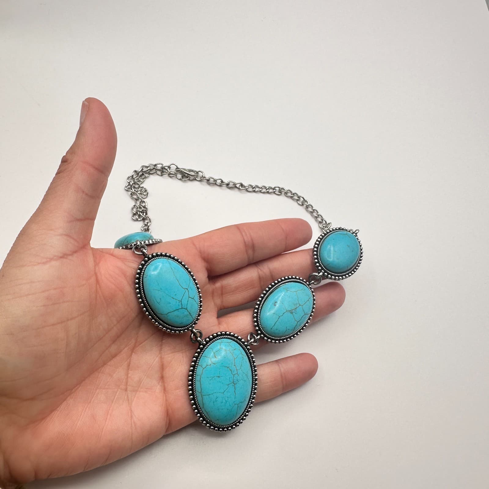 Vintage Y2K Silver Tone Oval Stone Statement Necklace Chain Jewelry - Thumbnail 6