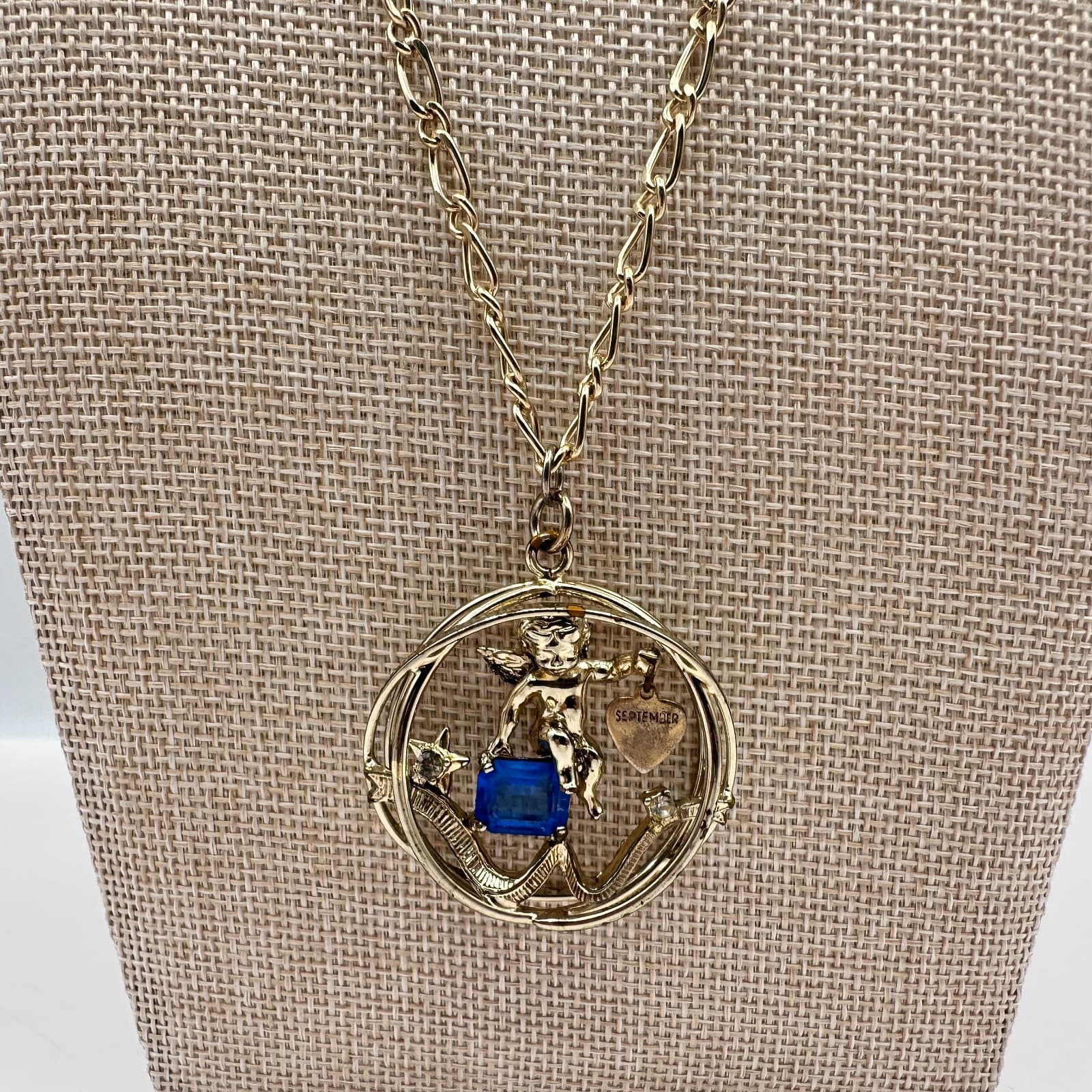 Vintage 80s September Birthstone Angel Pendant Necklace Blue Crystal Charm Gold - Thumbnail 3