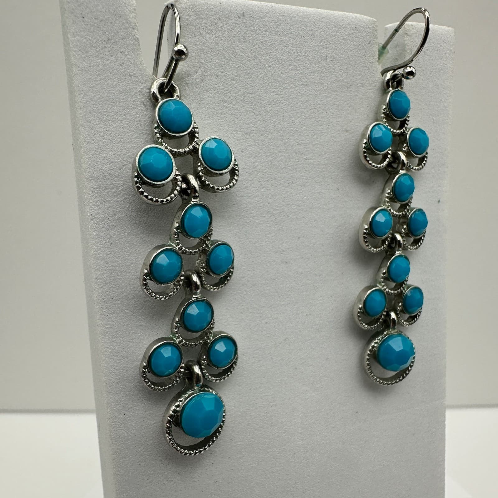 Vintage 90s Boho Silver Tone Turquoise Blue Beaded Tiered Dangle Drop Earrings - Thumbnail 2