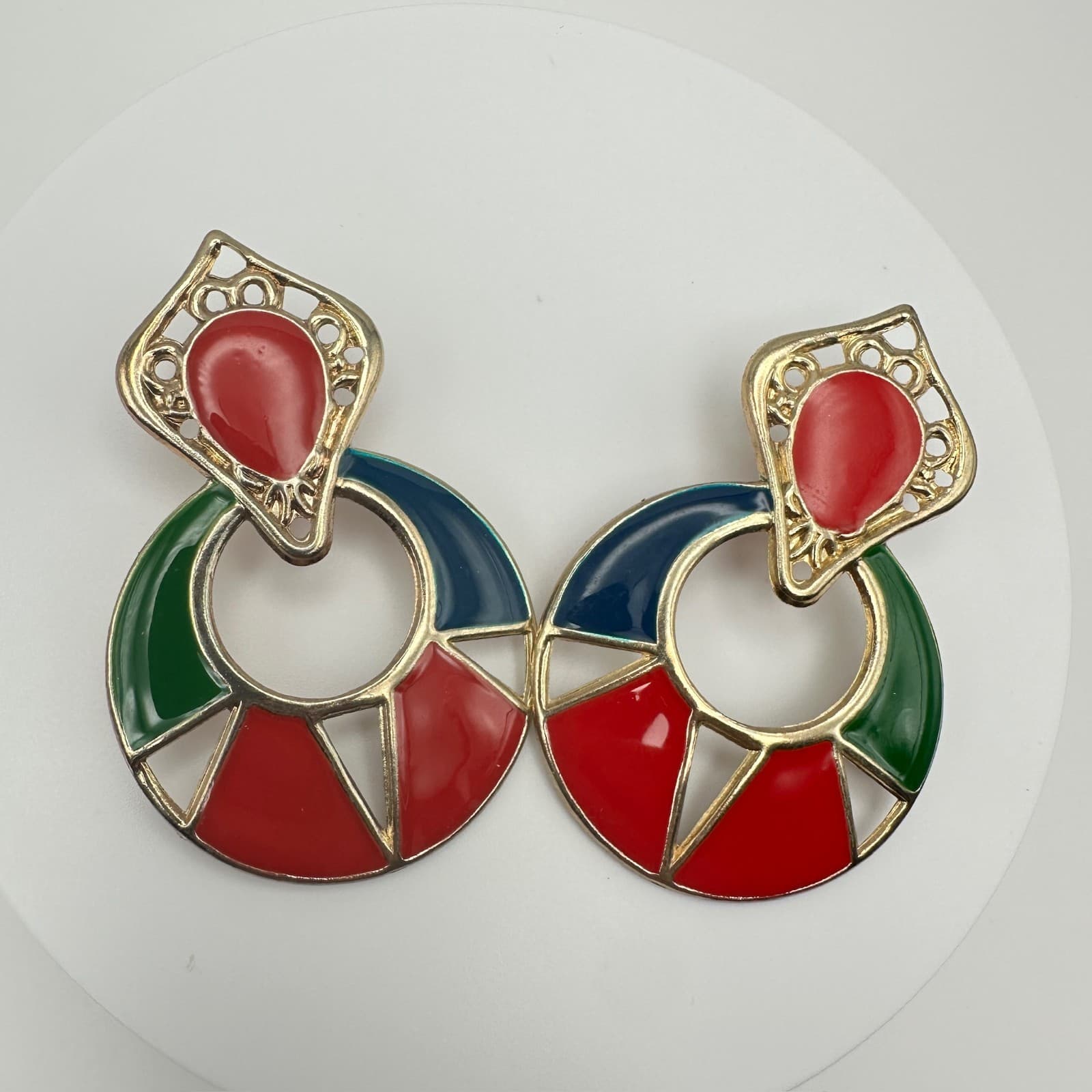Vintage 80s Colorful Enamel Door Knocker Earrings Gold Tone Women's Jewelry - Thumbnail 6