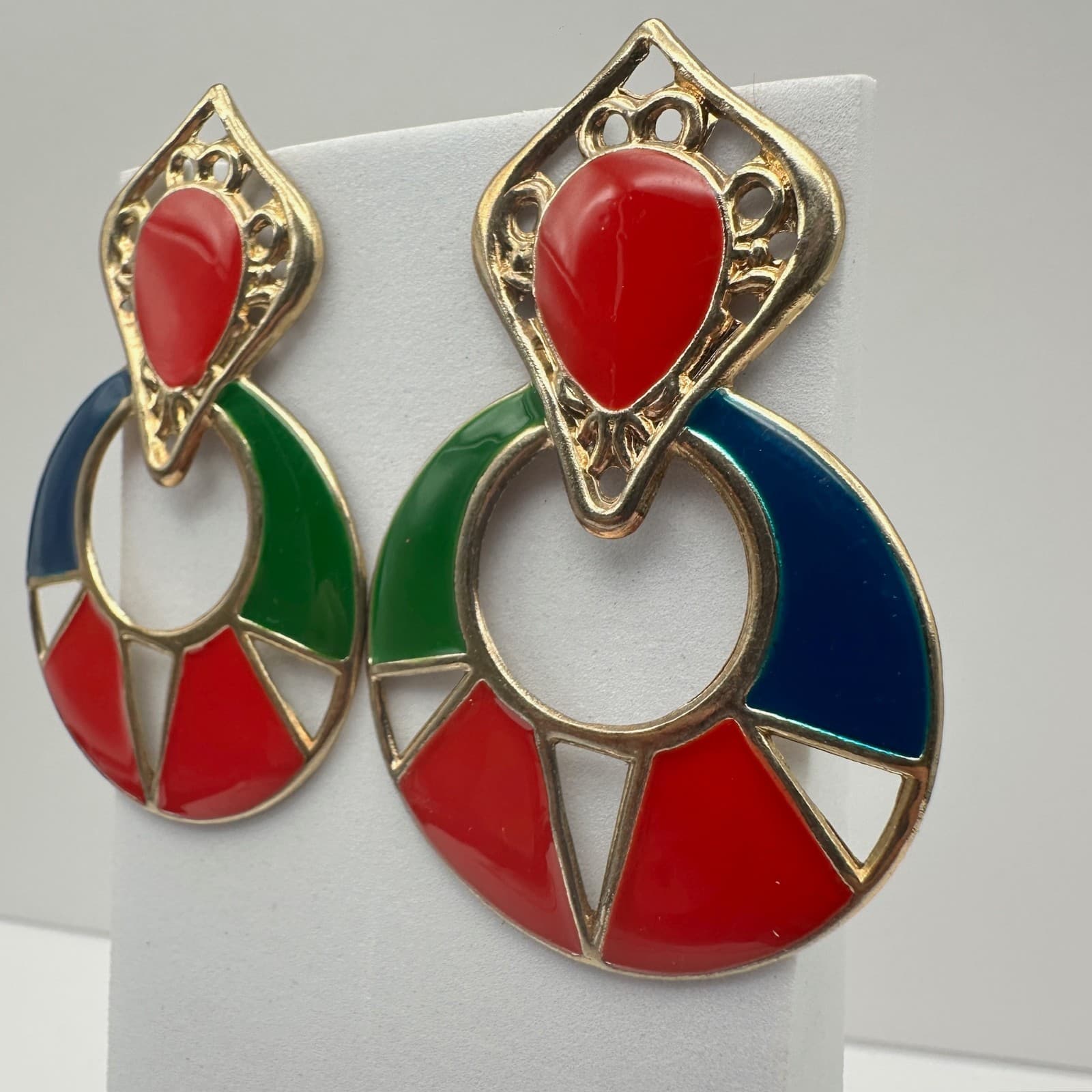 Vintage 80s Colorful Enamel Door Knocker Earrings Gold Tone Women's Jewelry - Thumbnail 3