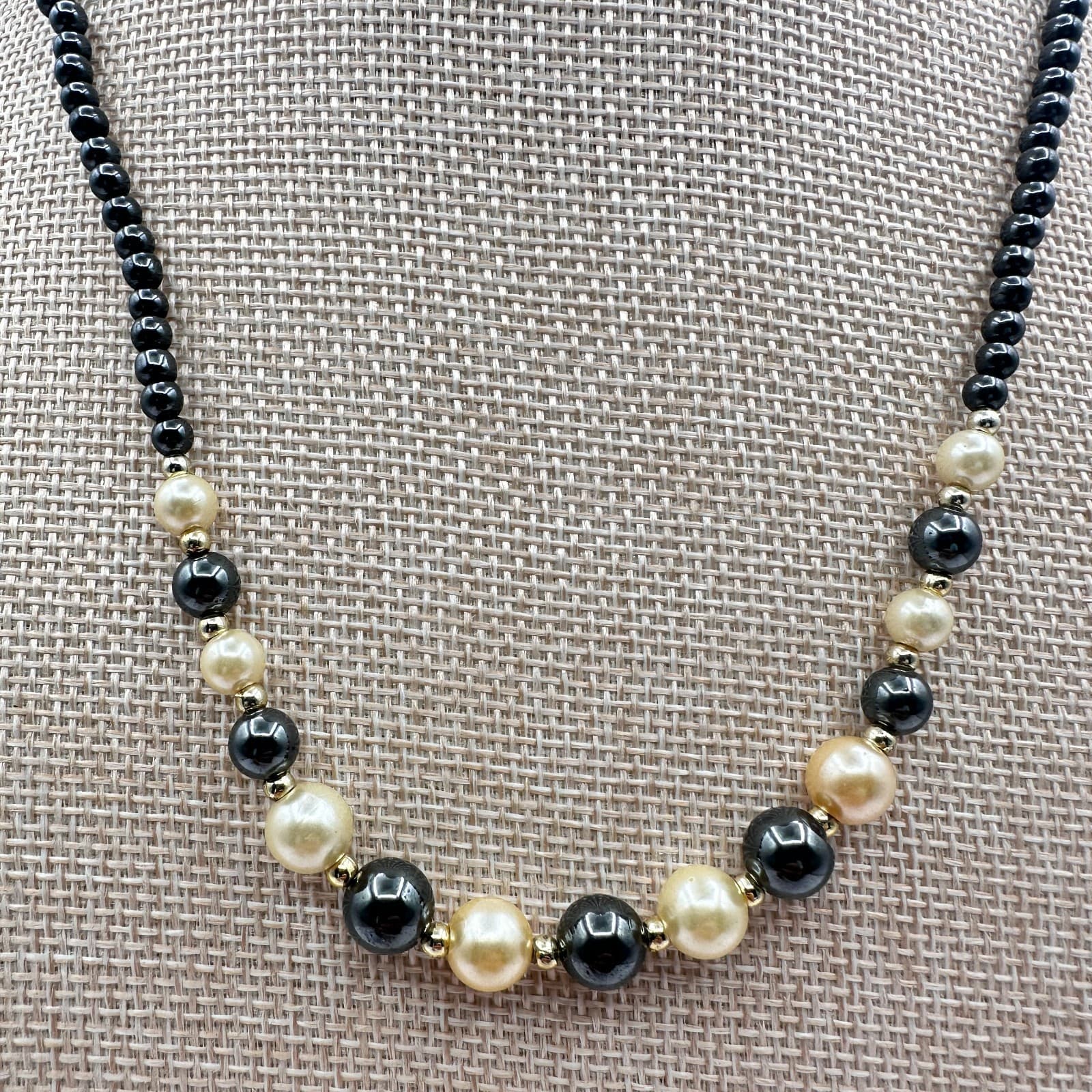 Vintage Y2K Cream Faux Pearl Black Beaded Statement Necklace Gold Tone Jewelry - Image 1