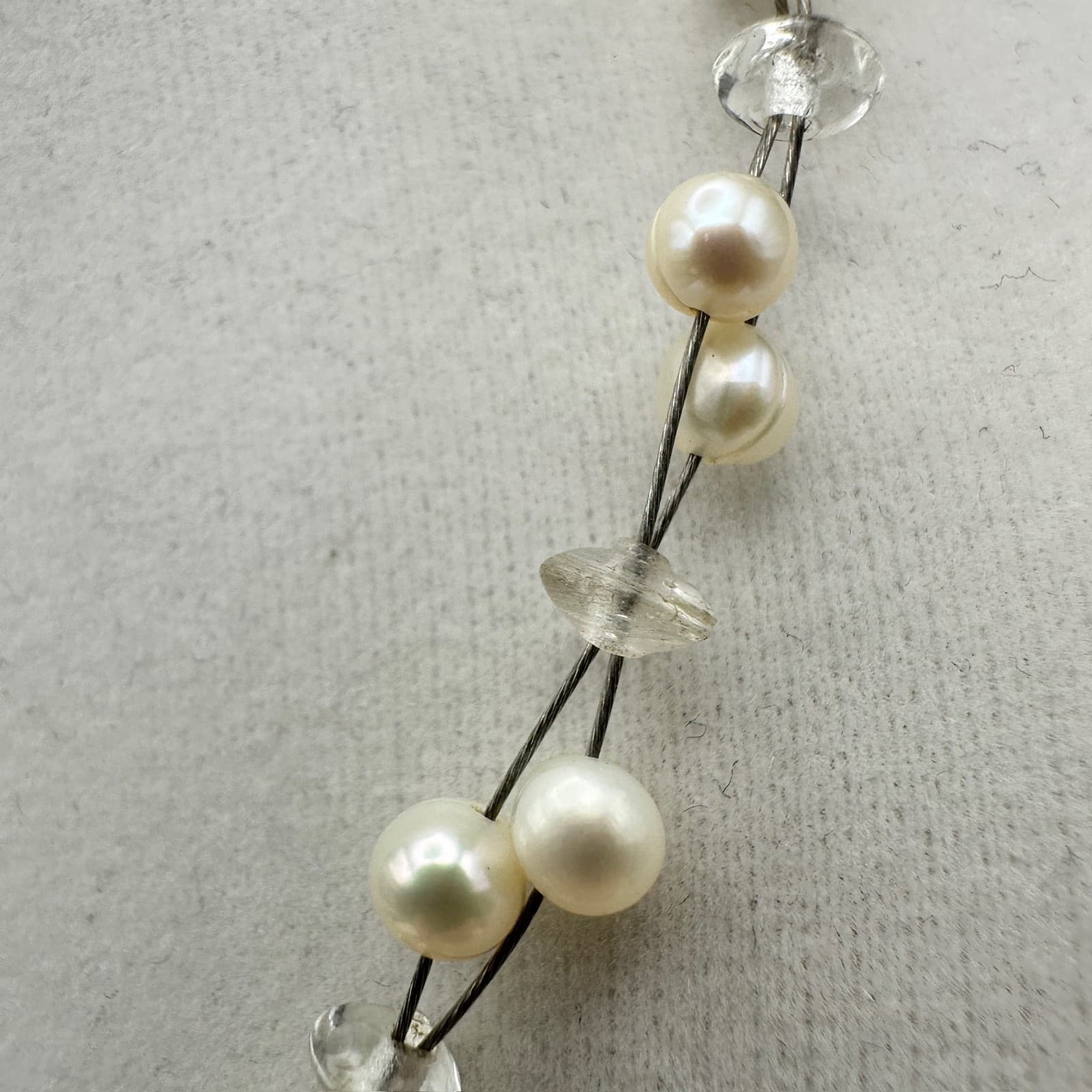 Vintage Y2K Floating Pearl Necklace Double Wire Strand Clear Glass Beads Boho - Thumbnail 5