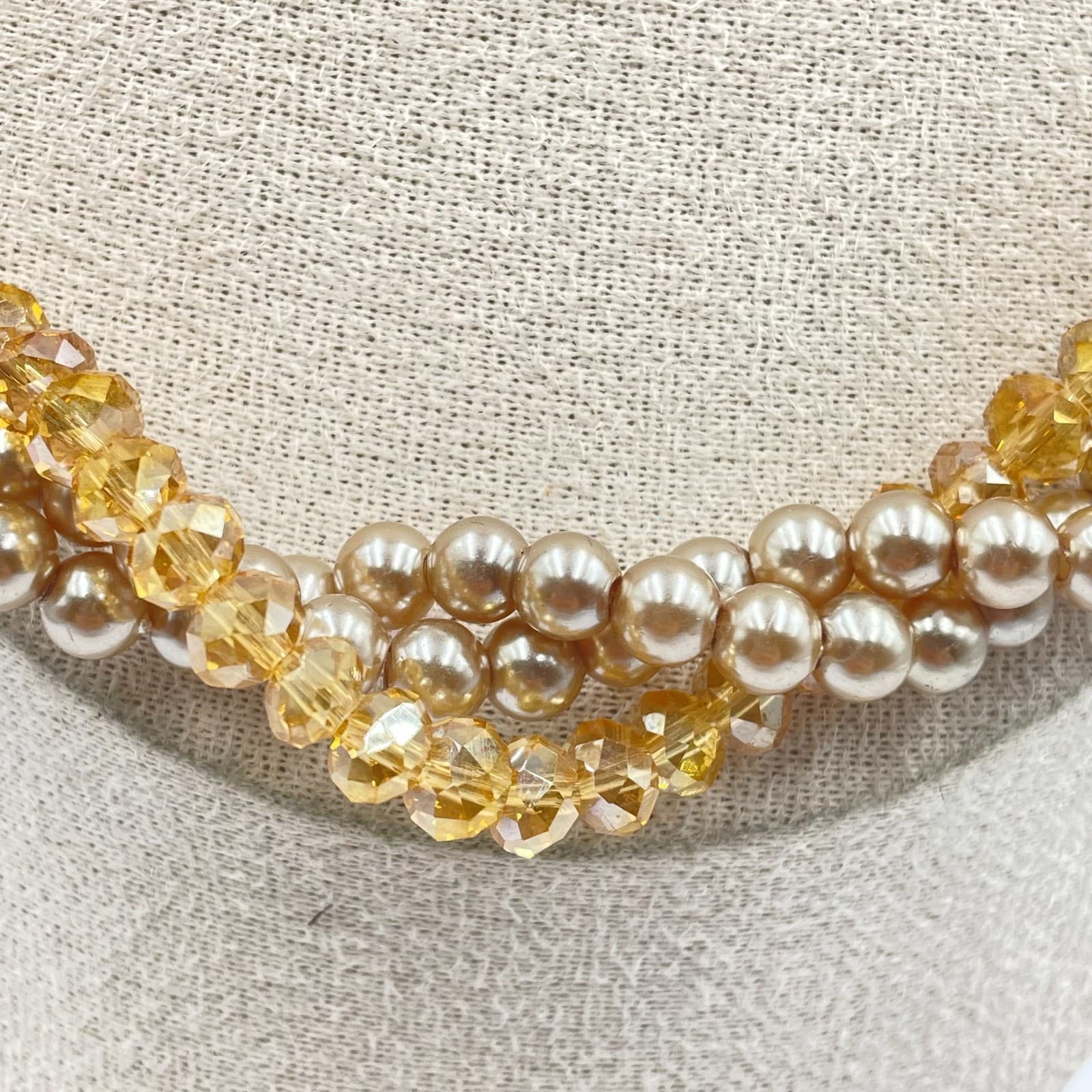 Adjustable Amber-Tone Faceted Glass Faux Pearls Beads Torsade Lobster Necklace - Thumbnail 3