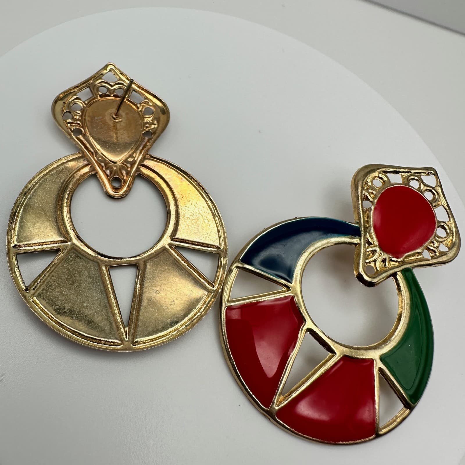 Vintage 80s Colorful Enamel Door Knocker Earrings Gold Tone Women's Jewelry - Thumbnail 8