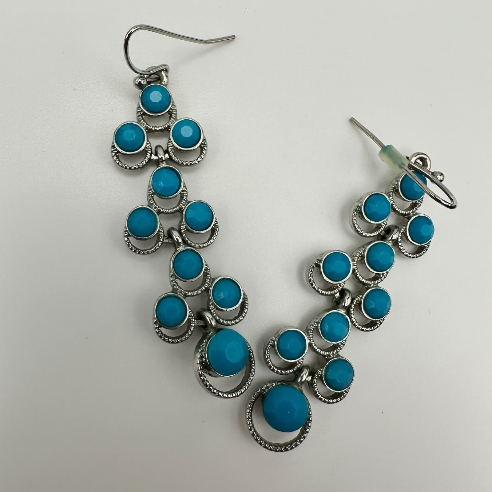 Vintage 90s Boho Silver Tone Turquoise Blue Beaded Tiered Dangle Drop Earrings - Thumbnail 6