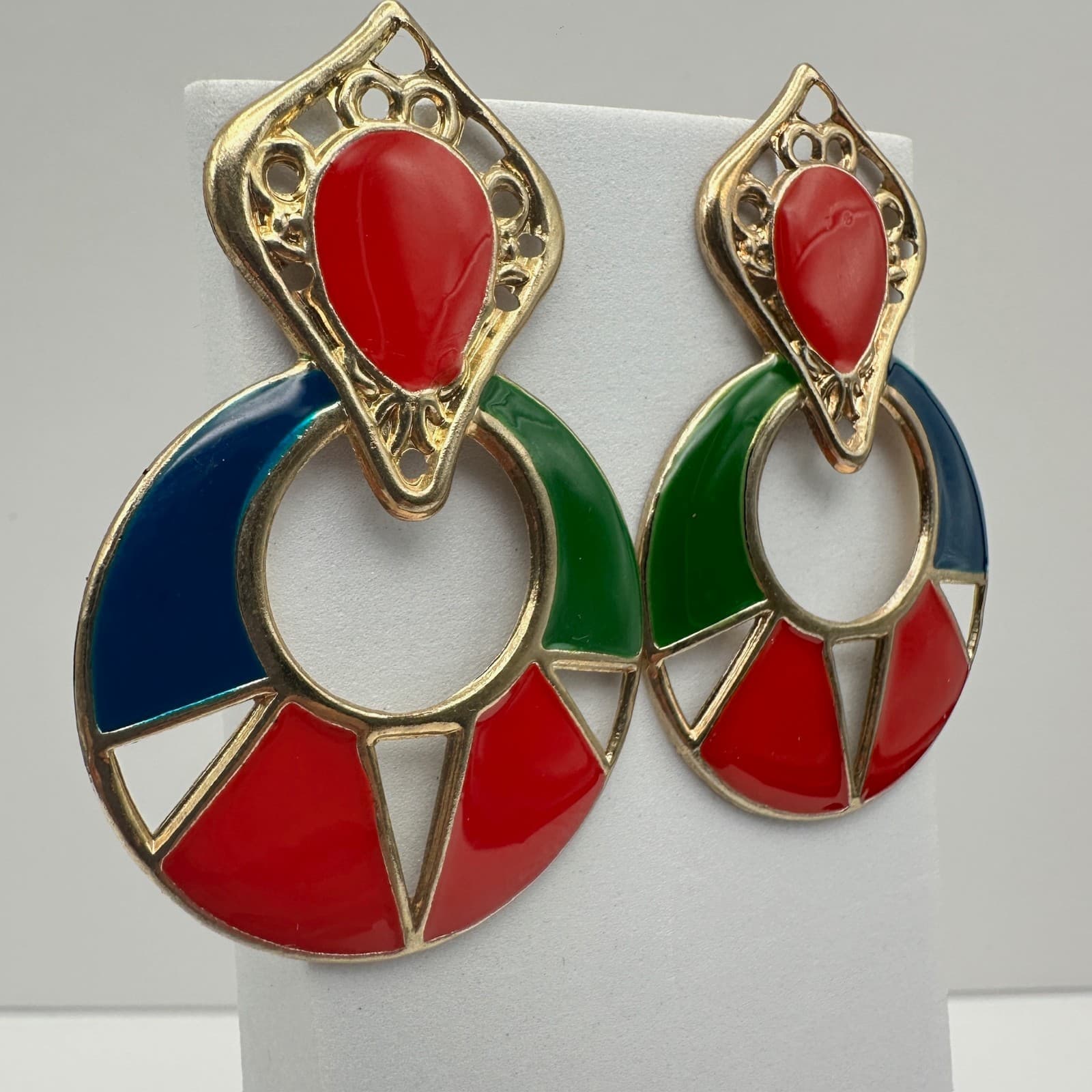 Vintage 80s Colorful Enamel Door Knocker Earrings Gold Tone Women's Jewelry - Thumbnail 2