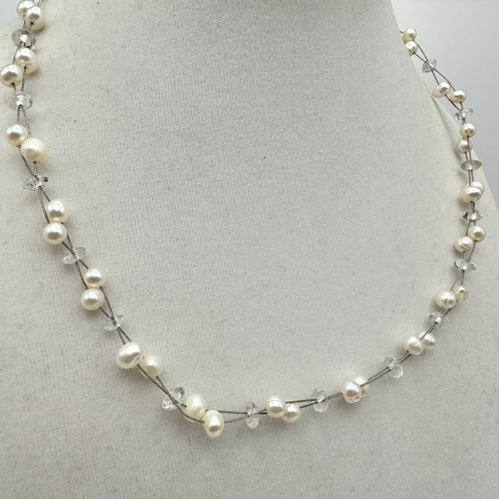 Vintage Y2K Floating Pearl Necklace Double Wire Strand Clear Glass Beads Boho - Thumbnail 2