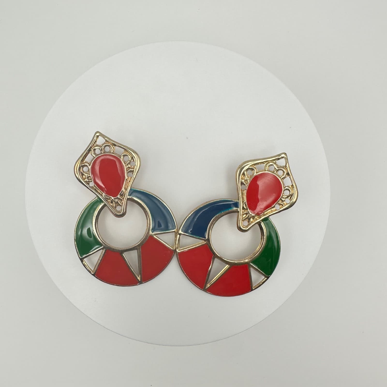 Vintage 80s Colorful Enamel Door Knocker Earrings Gold Tone Women's Jewelry - Thumbnail 5