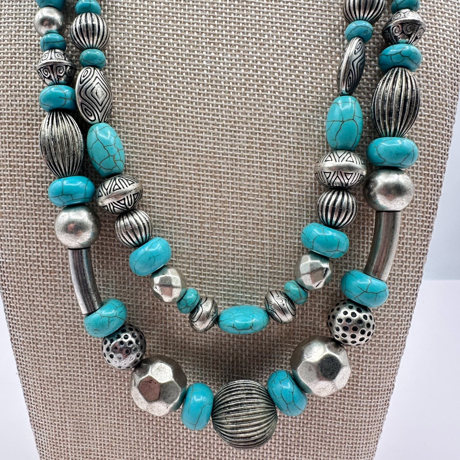 Vintage 90s Silver Tone Faux Turquoise Beaded Double Stand Necklace Jewelry - Thumbnail 4