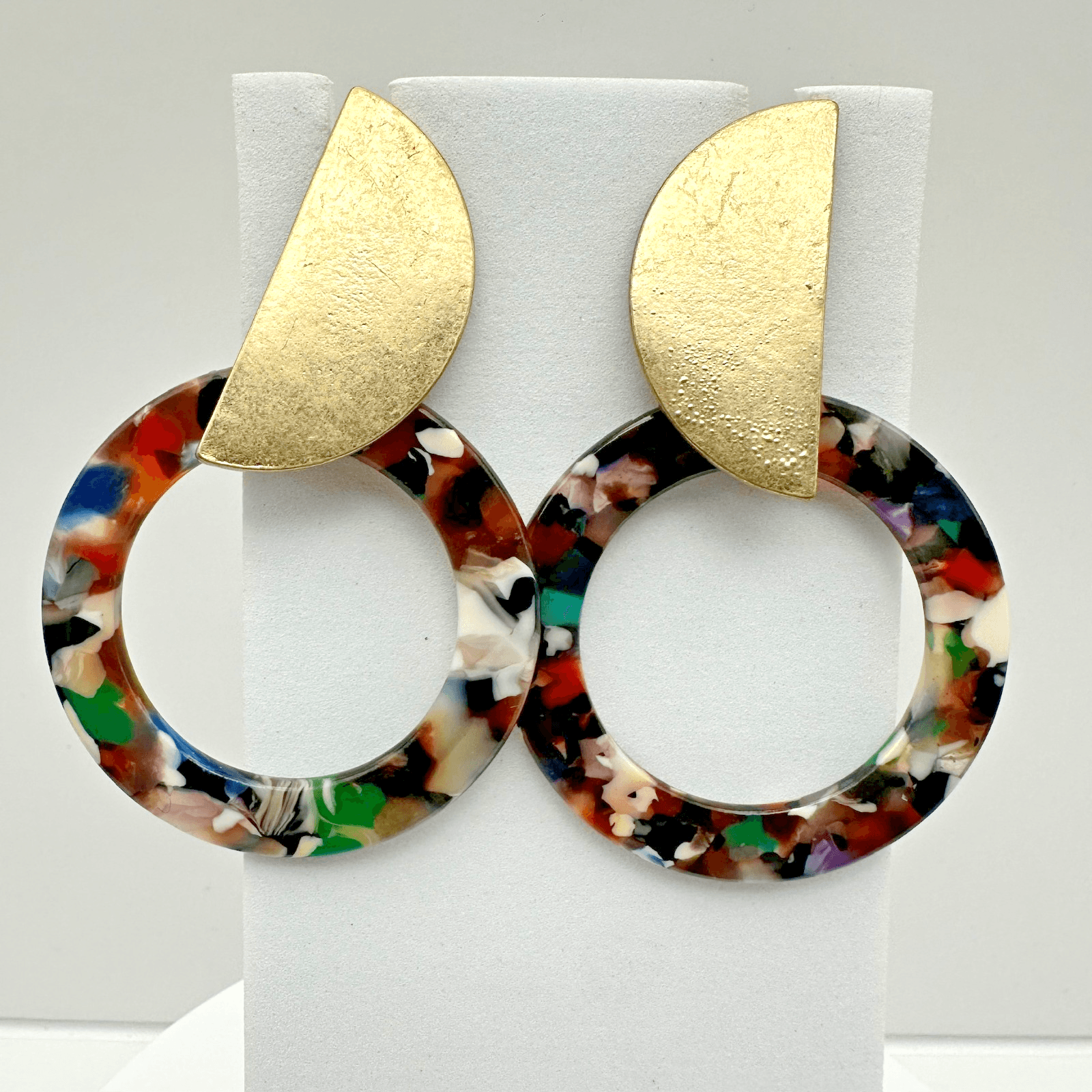Vintage 90s Tortoise Shell Resin Hoop Earrings Gold Tone Half Moon Post Dangle - Image 1