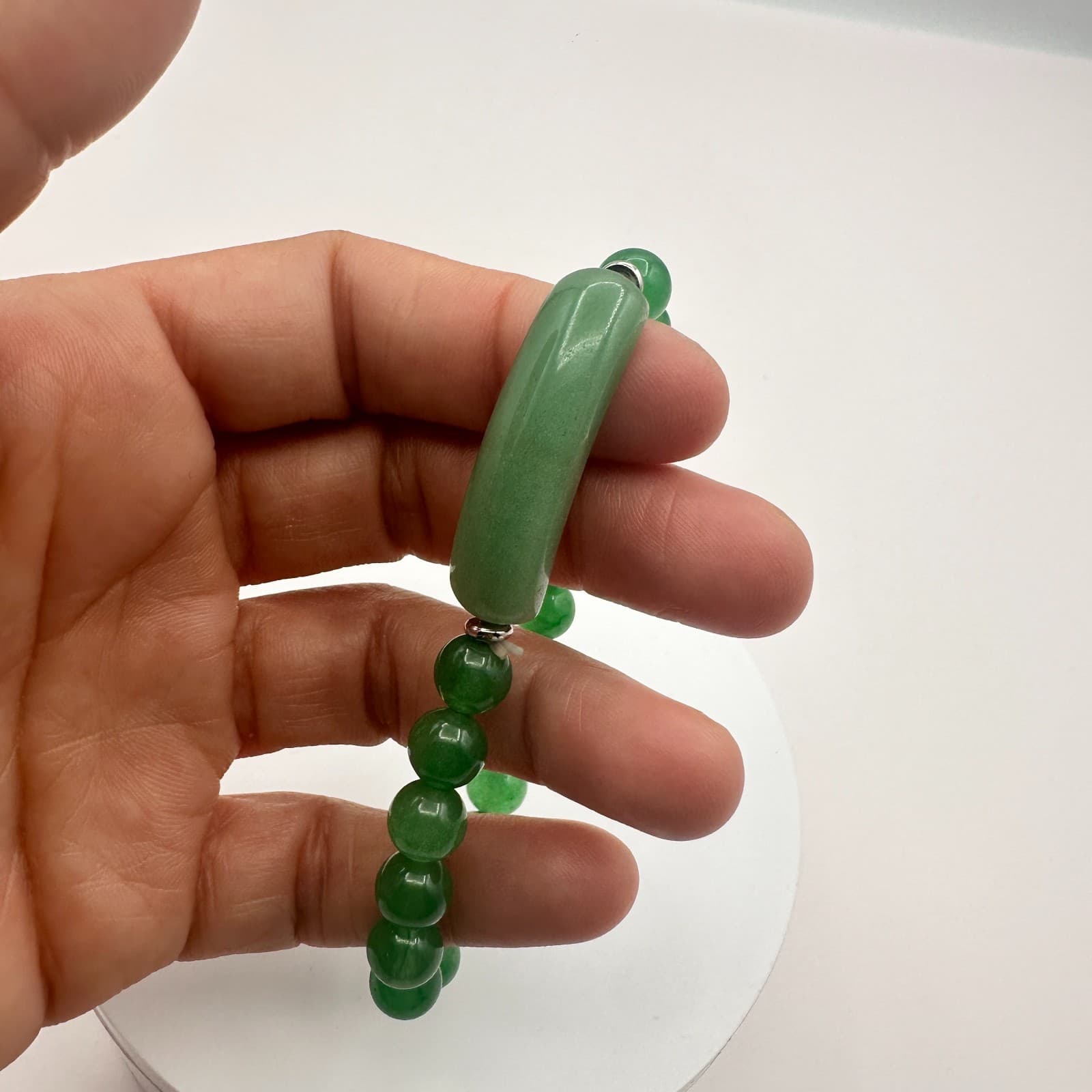 Vintage 90s Silver Tone Aventurine Beaded Bracelet Women's Classic Jewelry - Thumbnail 7