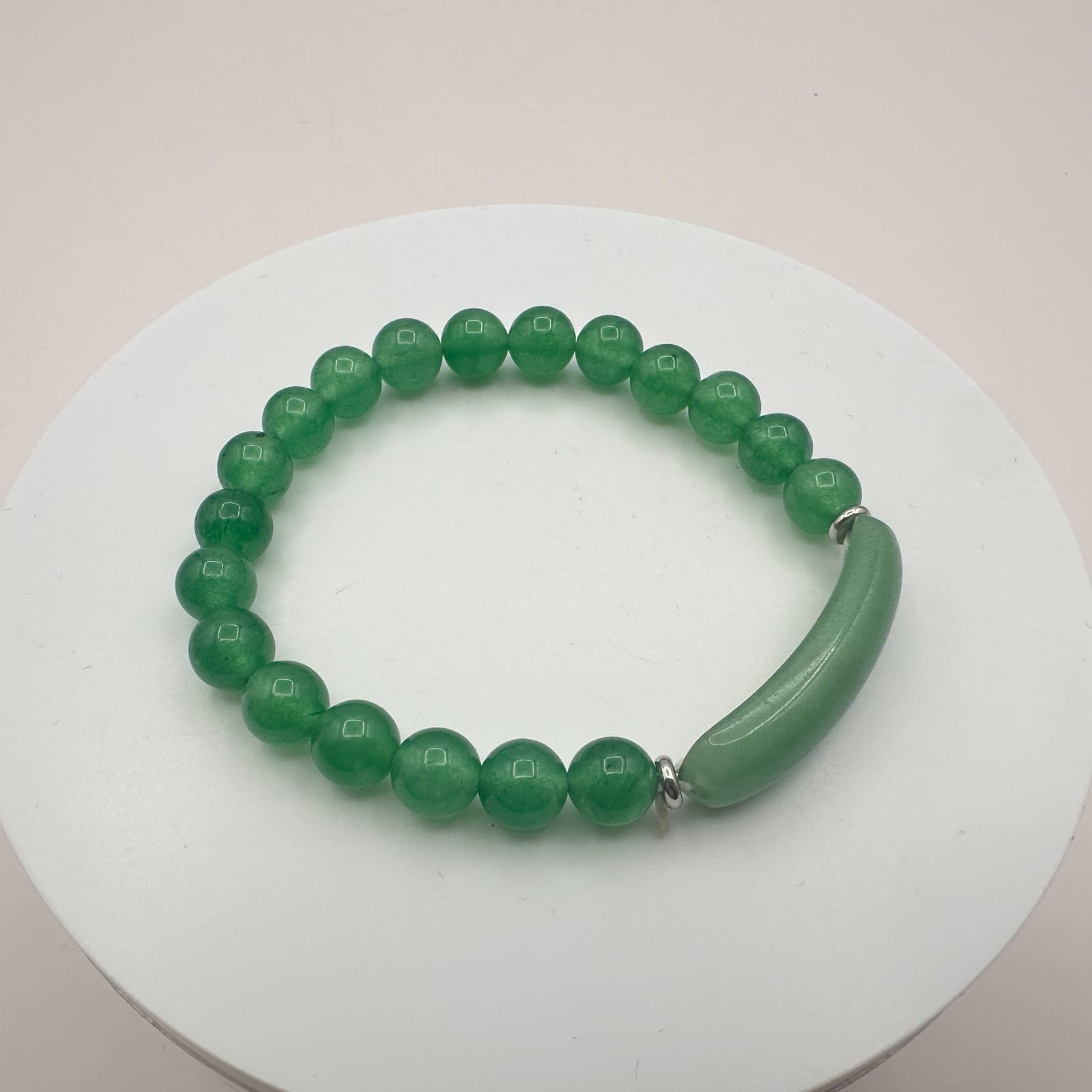 Vintage 90s Silver Tone Aventurine Beaded Bracelet Women's Classic Jewelry - Thumbnail 3