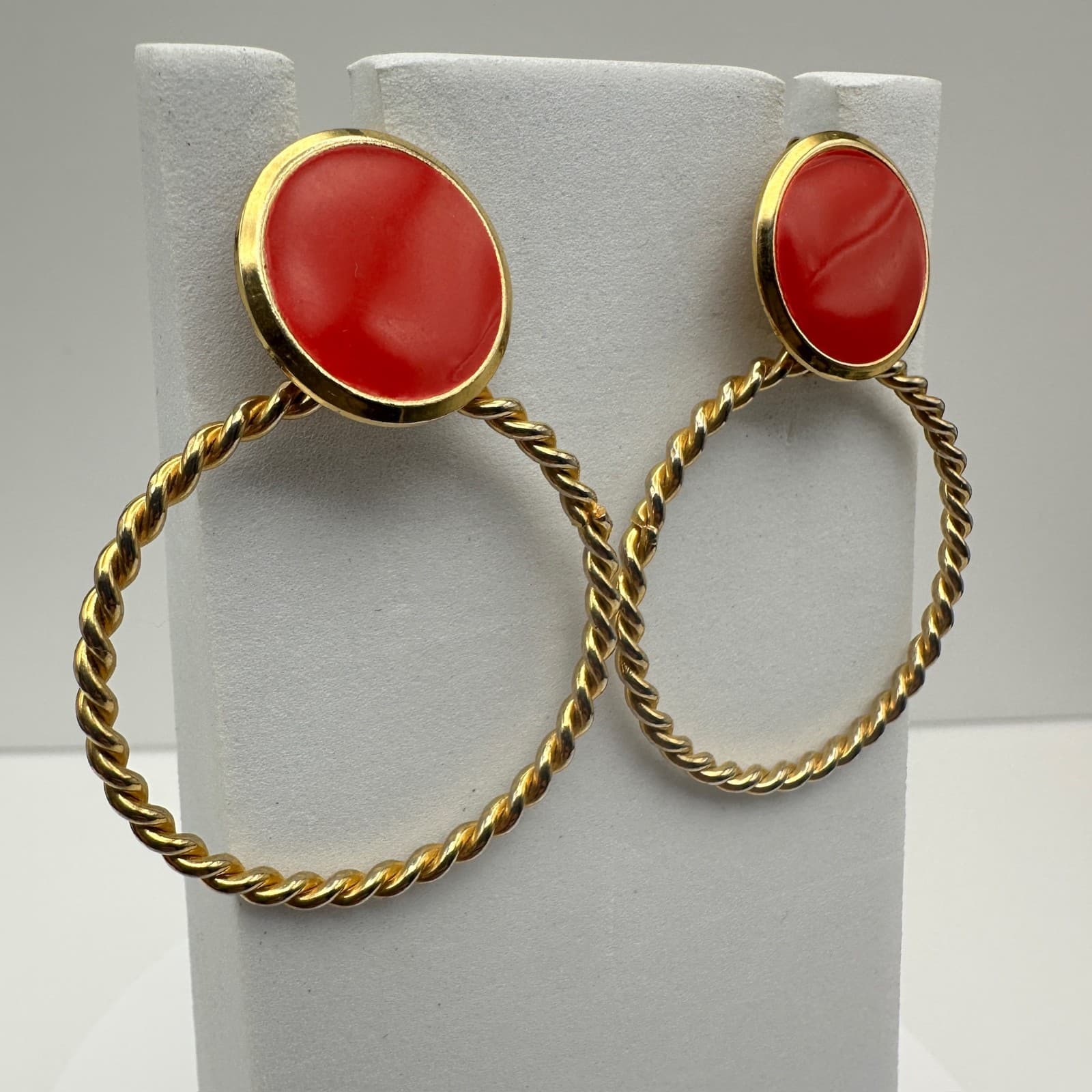 Vintage 80s Gold Tone Red Enamel Twisted Rope Dangle Drop Hoop Earrings Jewelry - Thumbnail 2