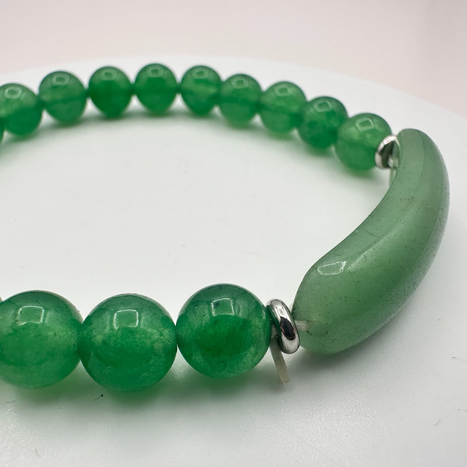Vintage 90s Silver Tone Aventurine Beaded Bracelet Women's Classic Jewelry - Thumbnail 5