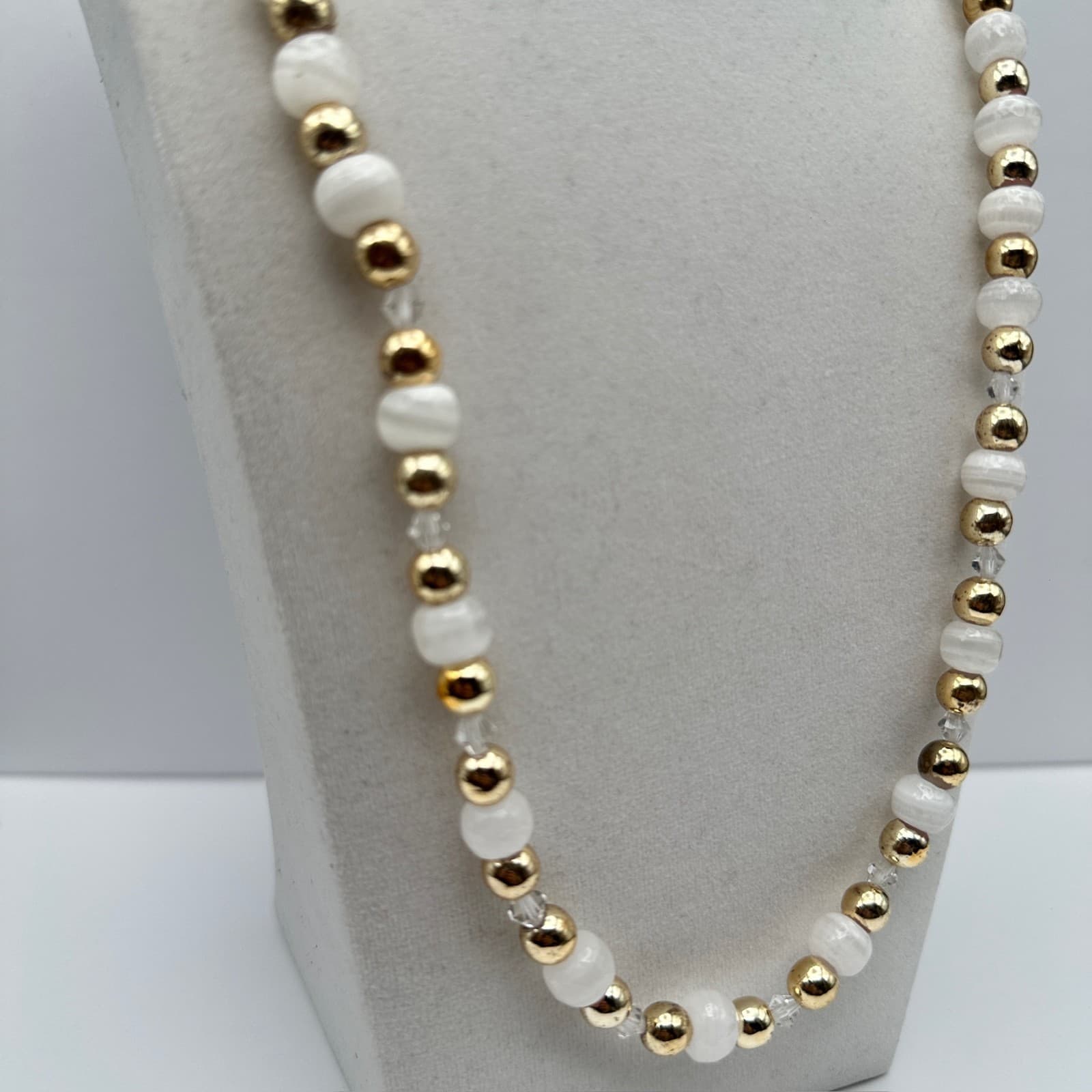 Vintage 90s Agate Coated Plastic Bead Necklace White Gold Tone Statement Jewelry - Thumbnail 3