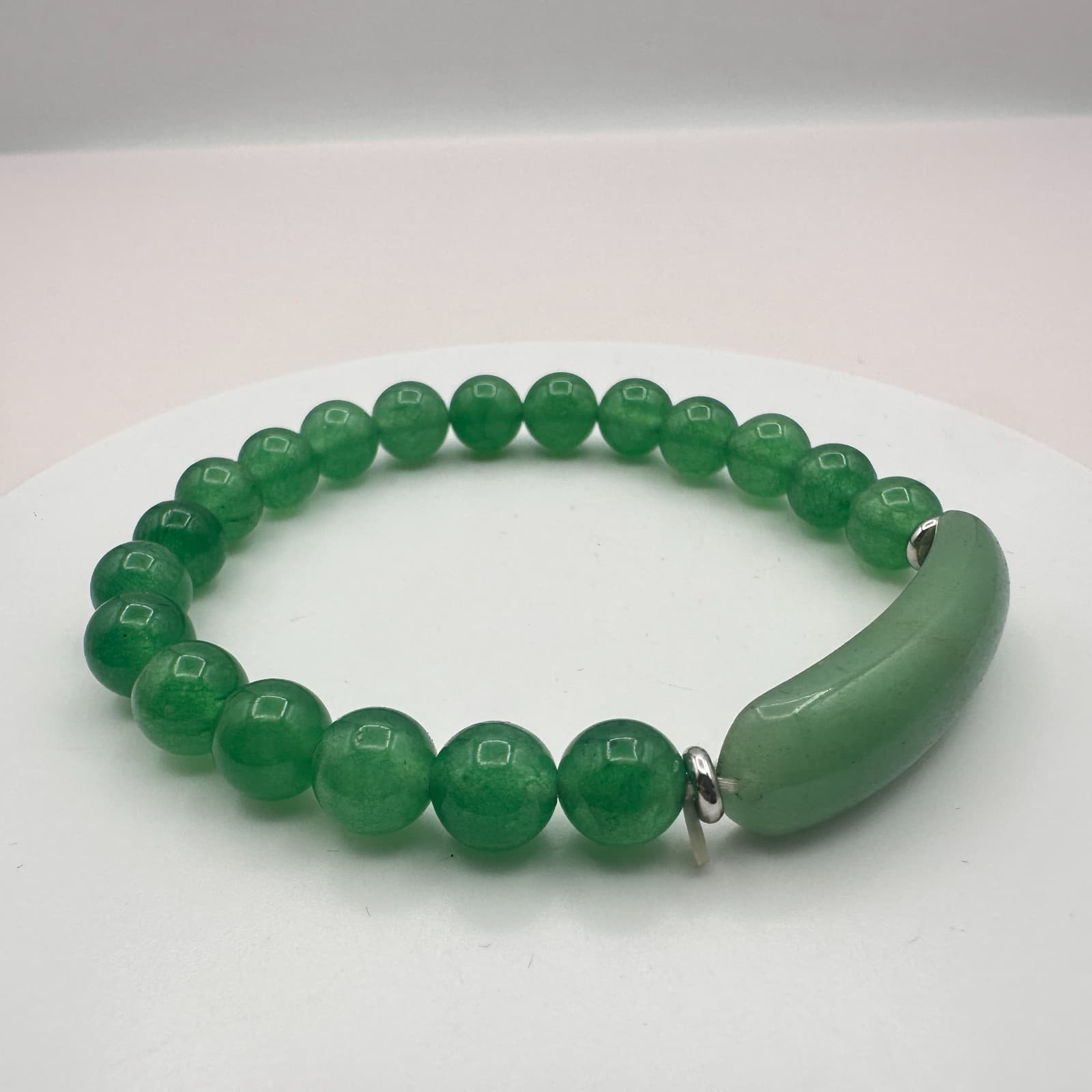 Vintage 90s Silver Tone Aventurine Beaded Bracelet Women's Classic Jewelry - Thumbnail 4