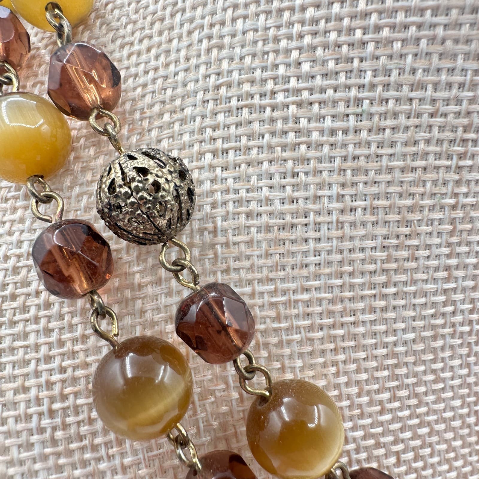 Vintage 90s Double Strand Brown Glass Cat Eye Beaded Station Necklace Jewelry - Thumbnail 3