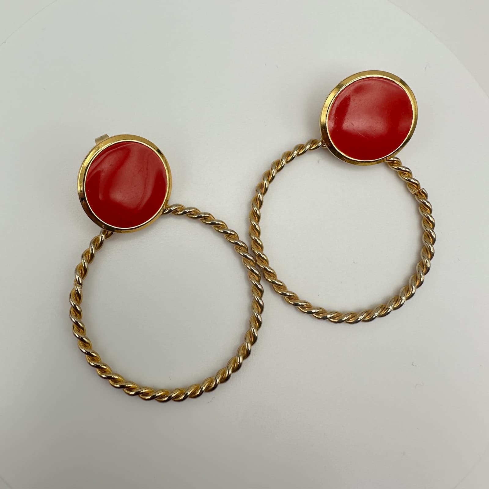 Vintage 80s Gold Tone Red Enamel Twisted Rope Dangle Drop Hoop Earrings Jewelry - Thumbnail 6