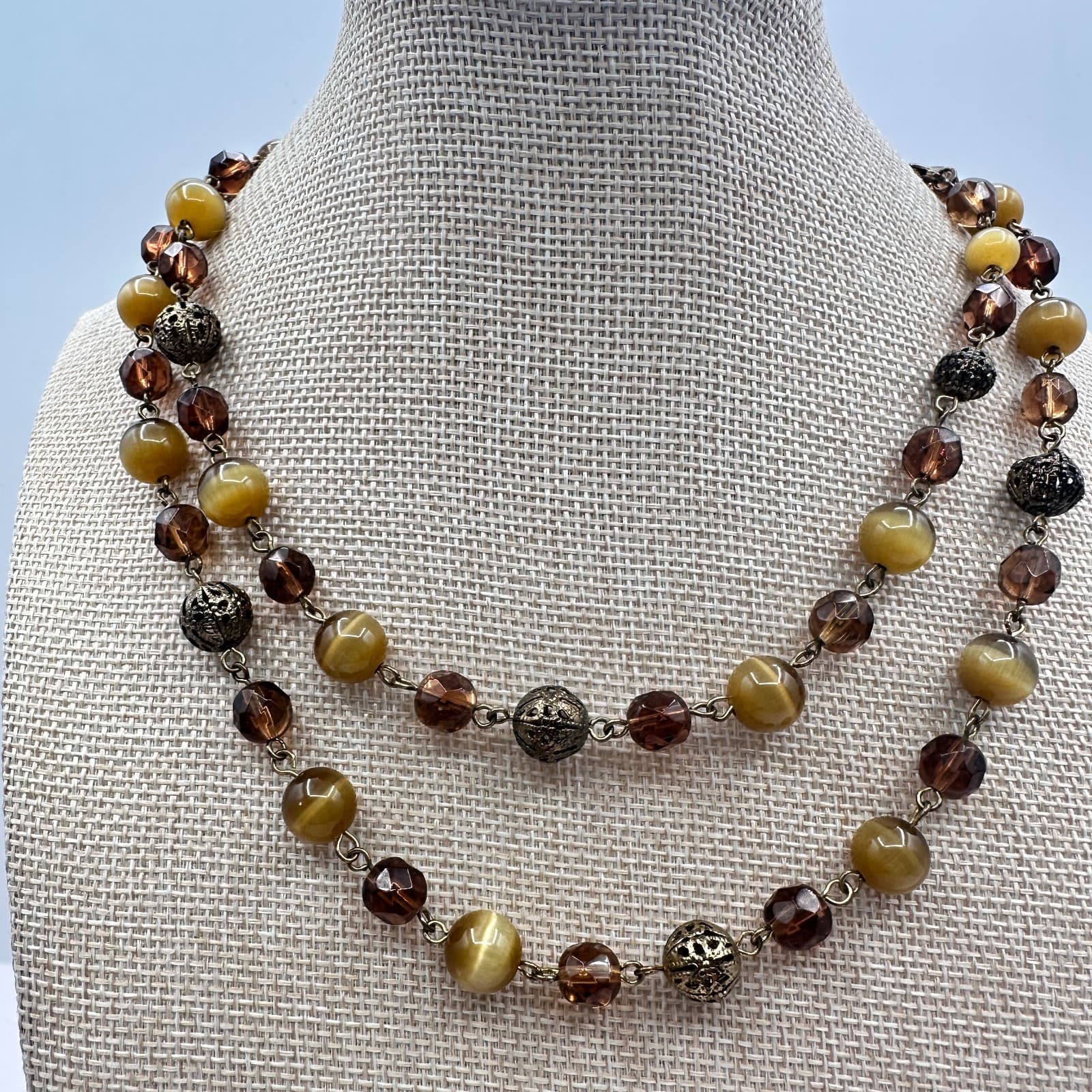 Vintage 90s Double Strand Brown Glass Cat Eye Beaded Station Necklace Jewelry - Thumbnail 5