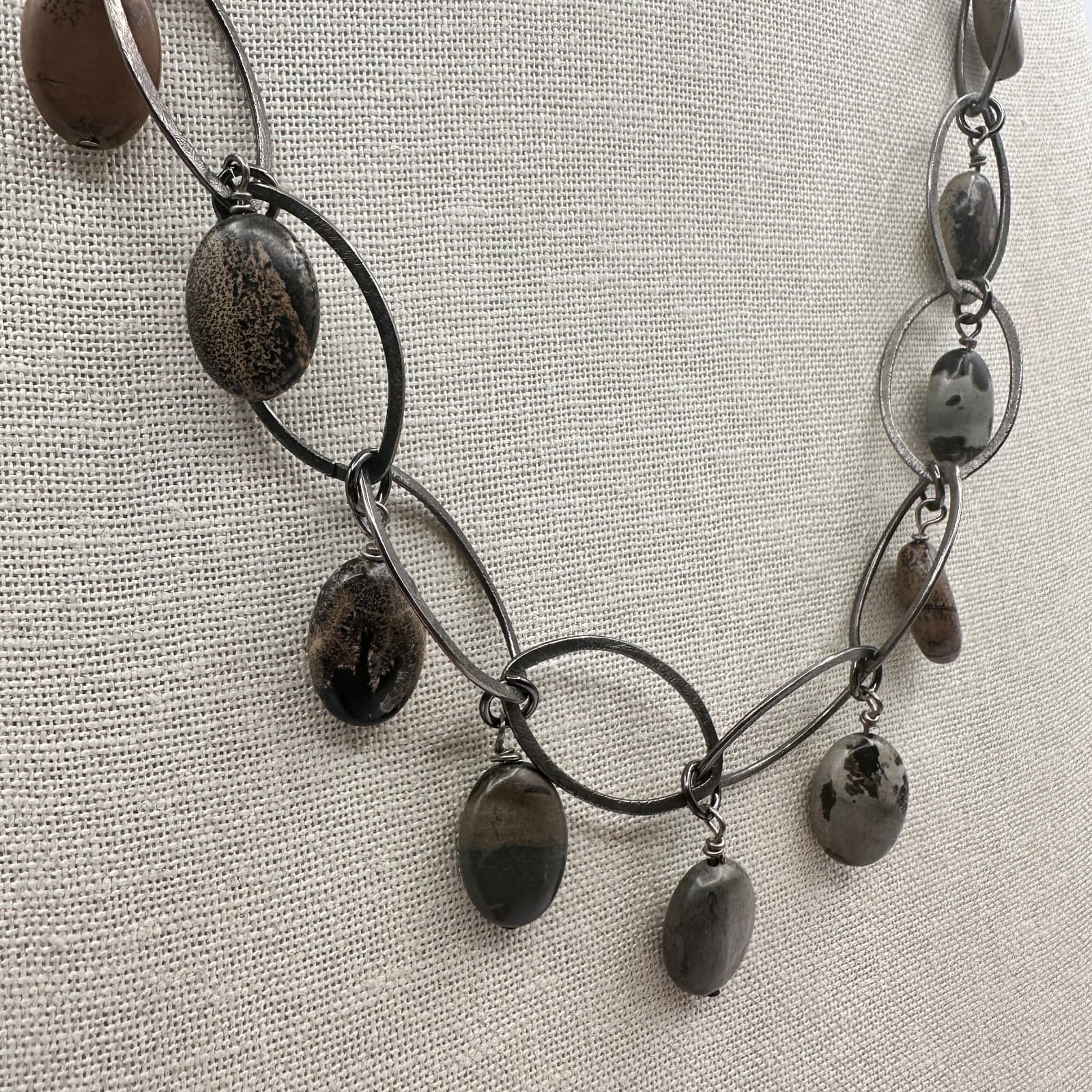 Vintage Y2K Silver Tone Oval Link Glass Stone Statement Necklace Women's Jewelry - Thumbnail 5