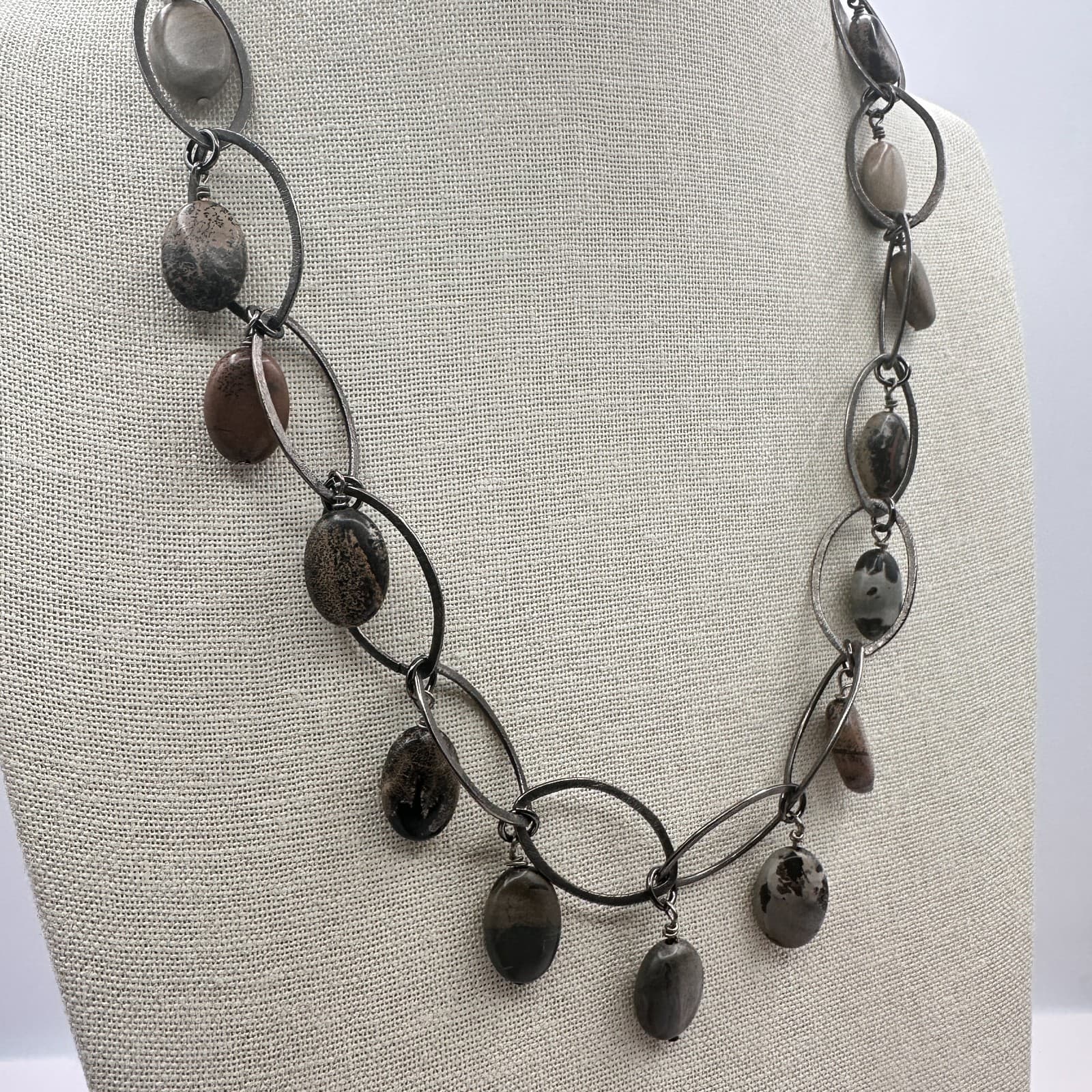 Vintage Y2K Silver Tone Oval Link Glass Stone Statement Necklace Women's Jewelry - Thumbnail 6