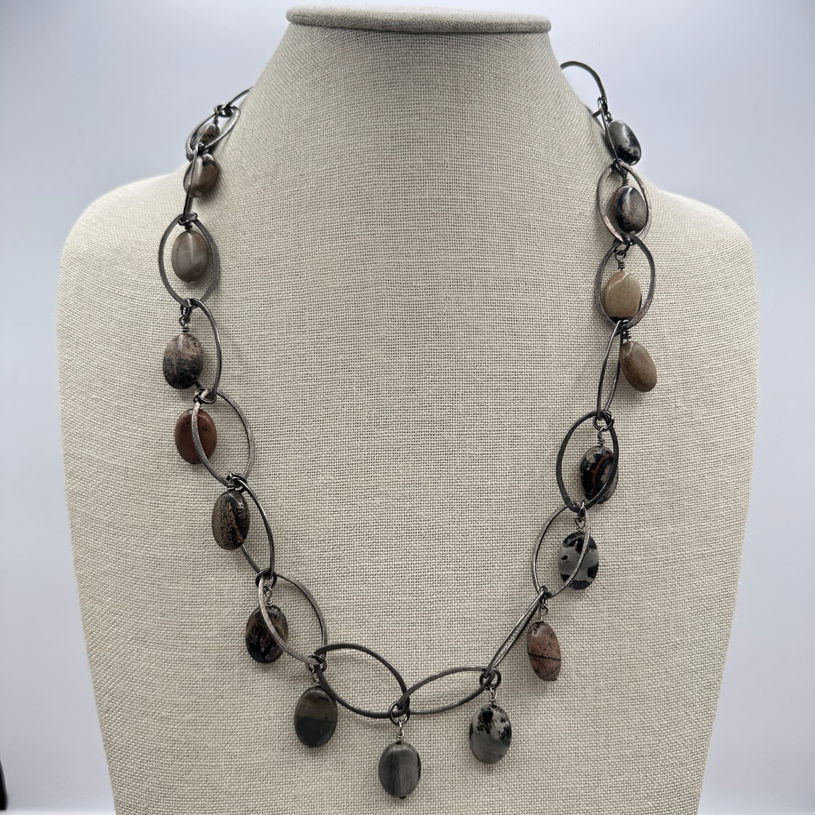 Vintage Y2K Silver Tone Oval Link Glass Stone Statement Necklace Women's Jewelry - Thumbnail 2