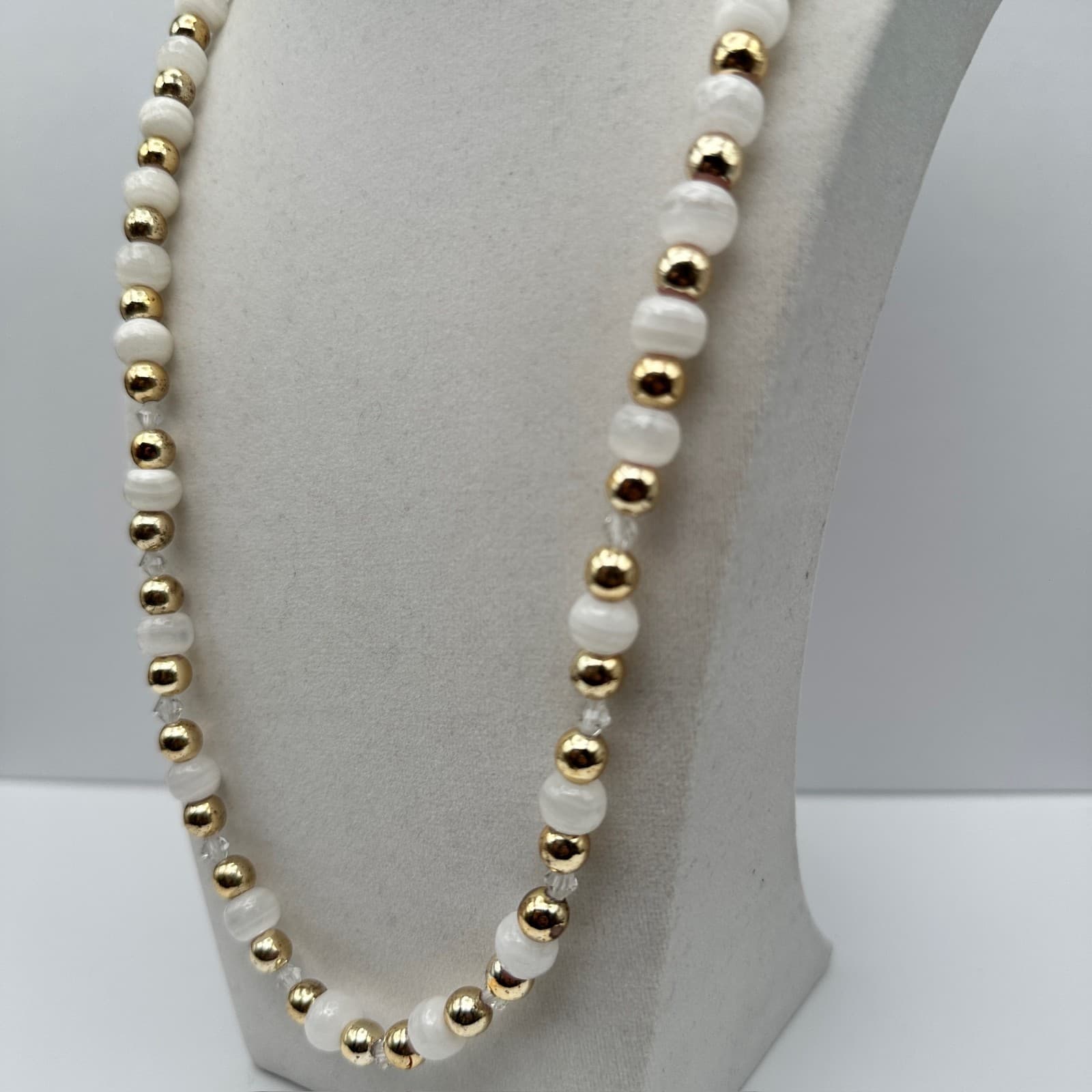 Vintage 90s Agate Coated Plastic Bead Necklace White Gold Tone Statement Jewelry - Thumbnail 4
