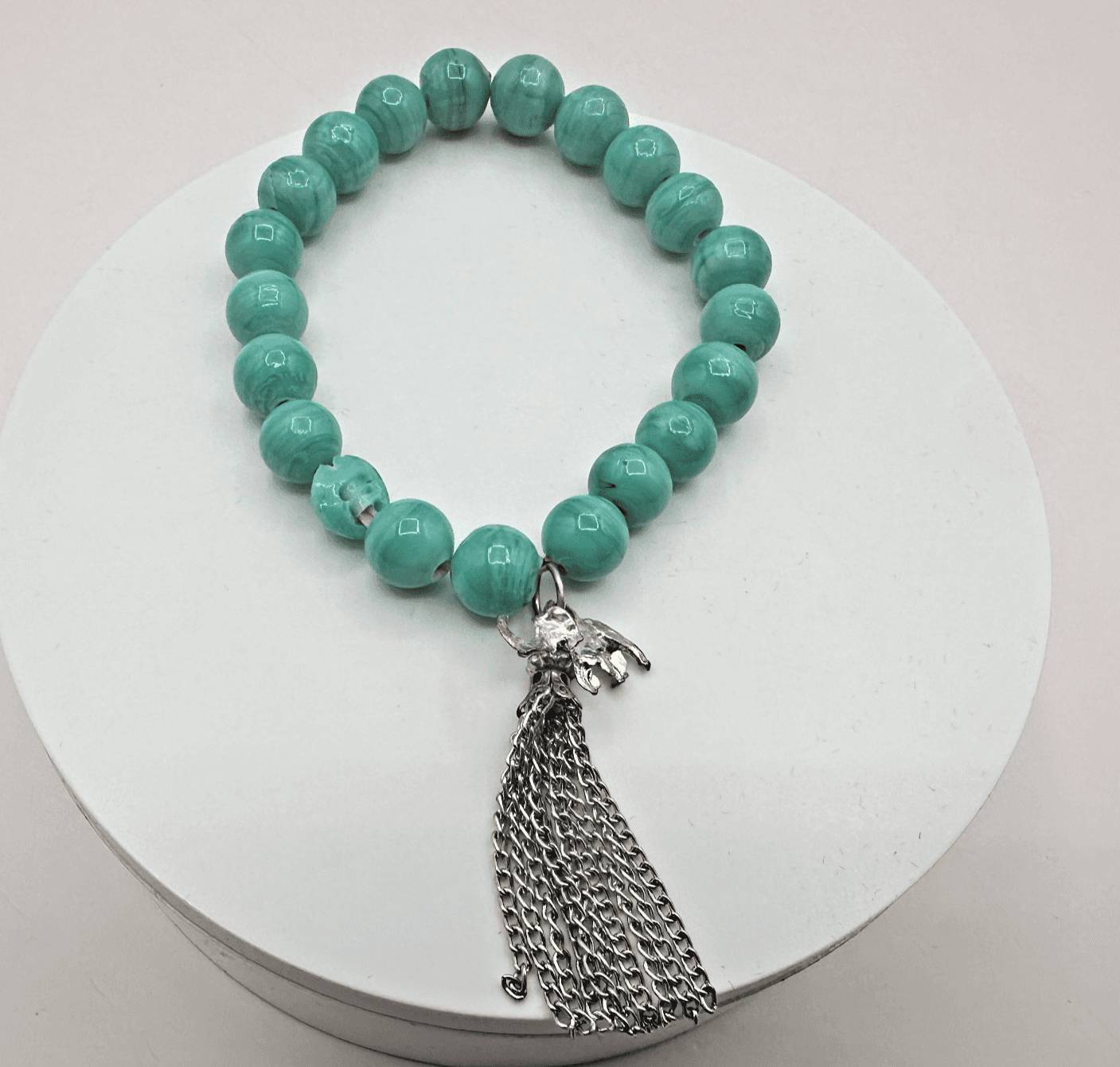 Vintage Y2K Silver Tone Elephant Tassel Beaded Bracelet Women's Classic Jewelry - Image 1