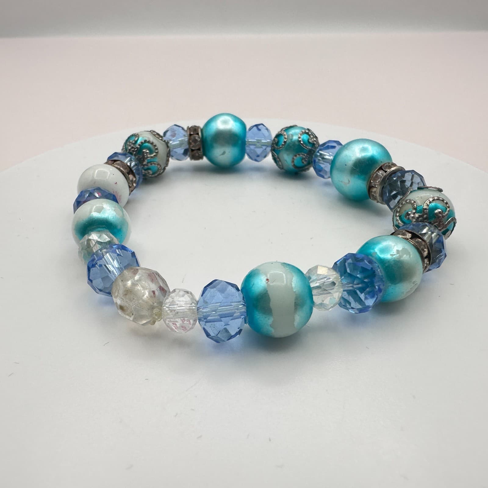 Vintage Y2K Silver Tone Stretch Beaded Bracelet Boho Women's Classic Jewelry - Thumbnail 3