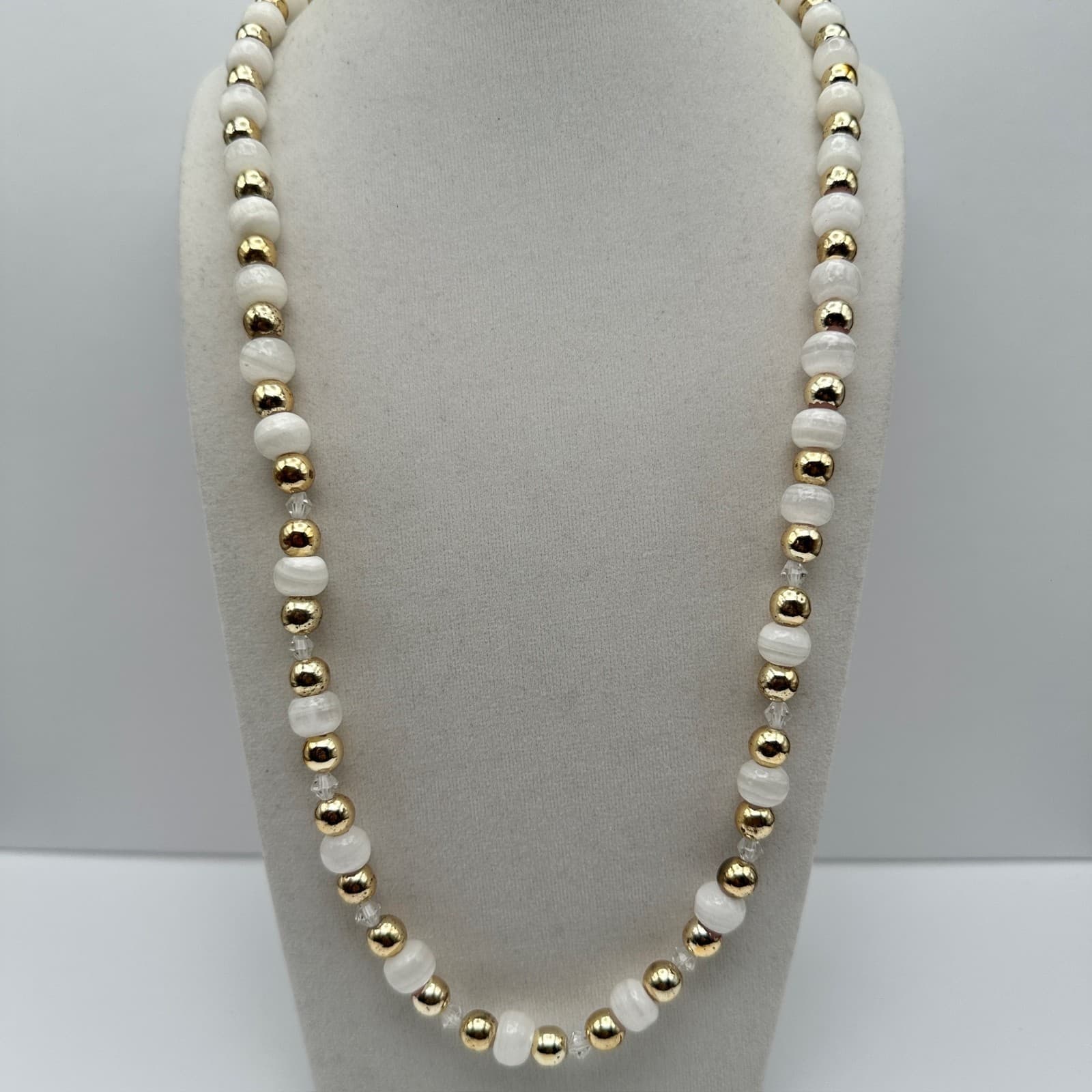 Vintage 90s Agate Coated Plastic Bead Necklace White Gold Tone Statement Jewelry - Thumbnail 2