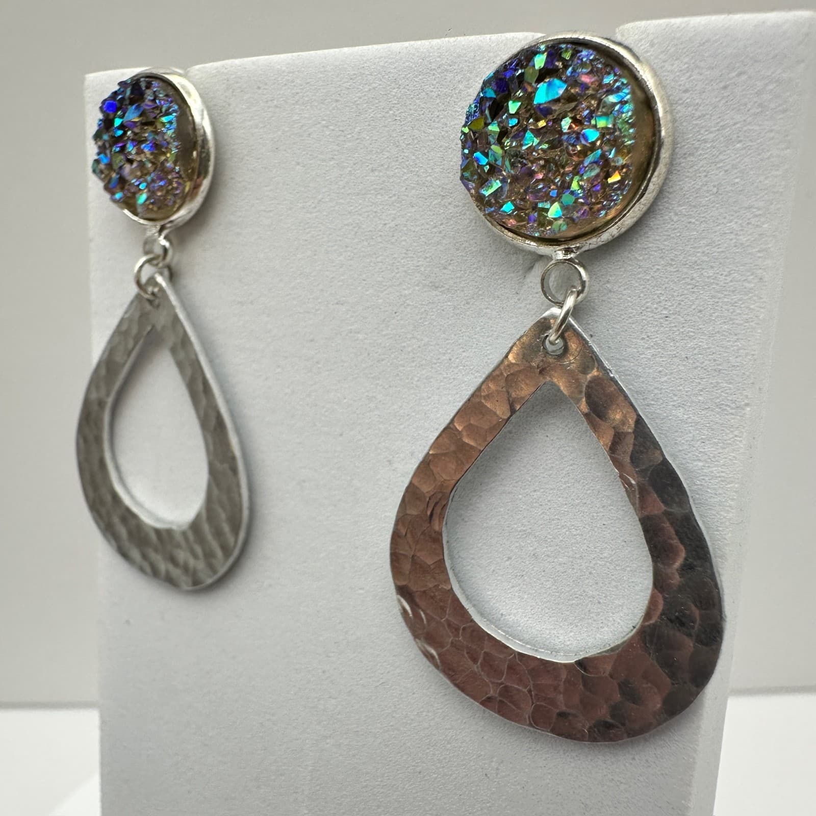 Vintage 90s 80s Dangle Rainbow Druzy Crystal Stone Earrings Silver Tone Jewelry - Thumbnail 3