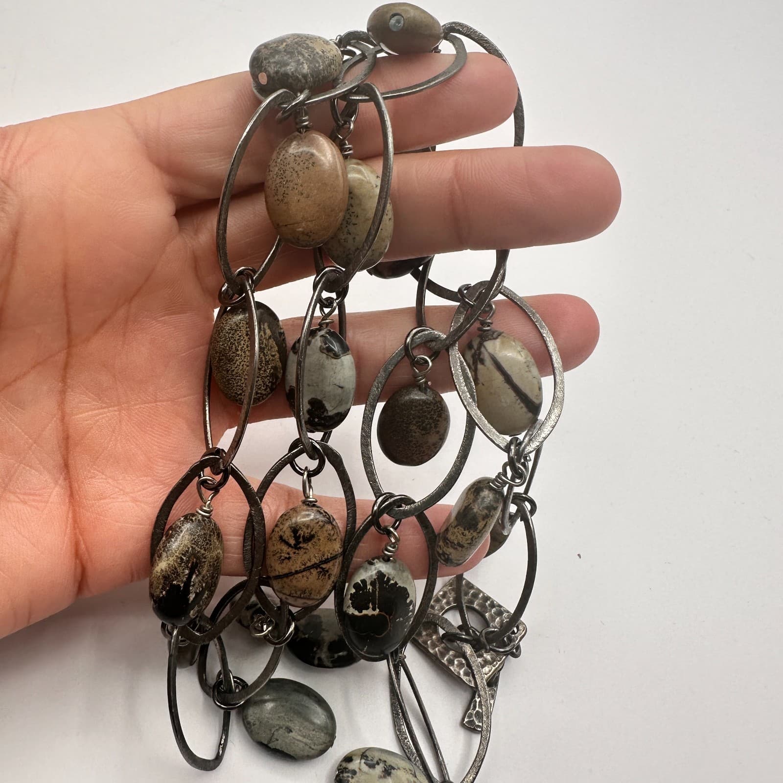 Vintage Y2K Silver Tone Oval Link Glass Stone Statement Necklace Women's Jewelry - Thumbnail 9