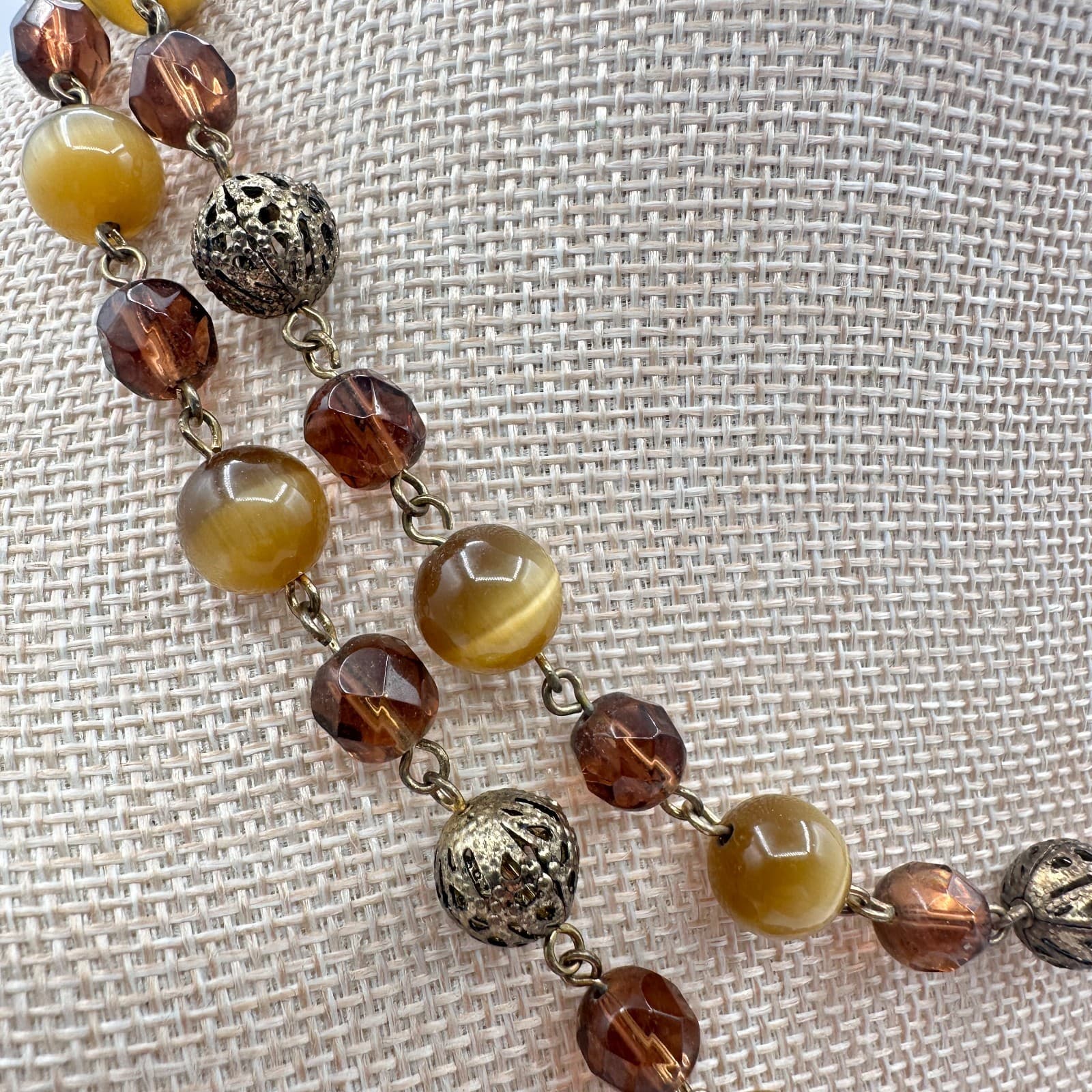 Vintage 90s Double Strand Brown Glass Cat Eye Beaded Station Necklace Jewelry - Thumbnail 2