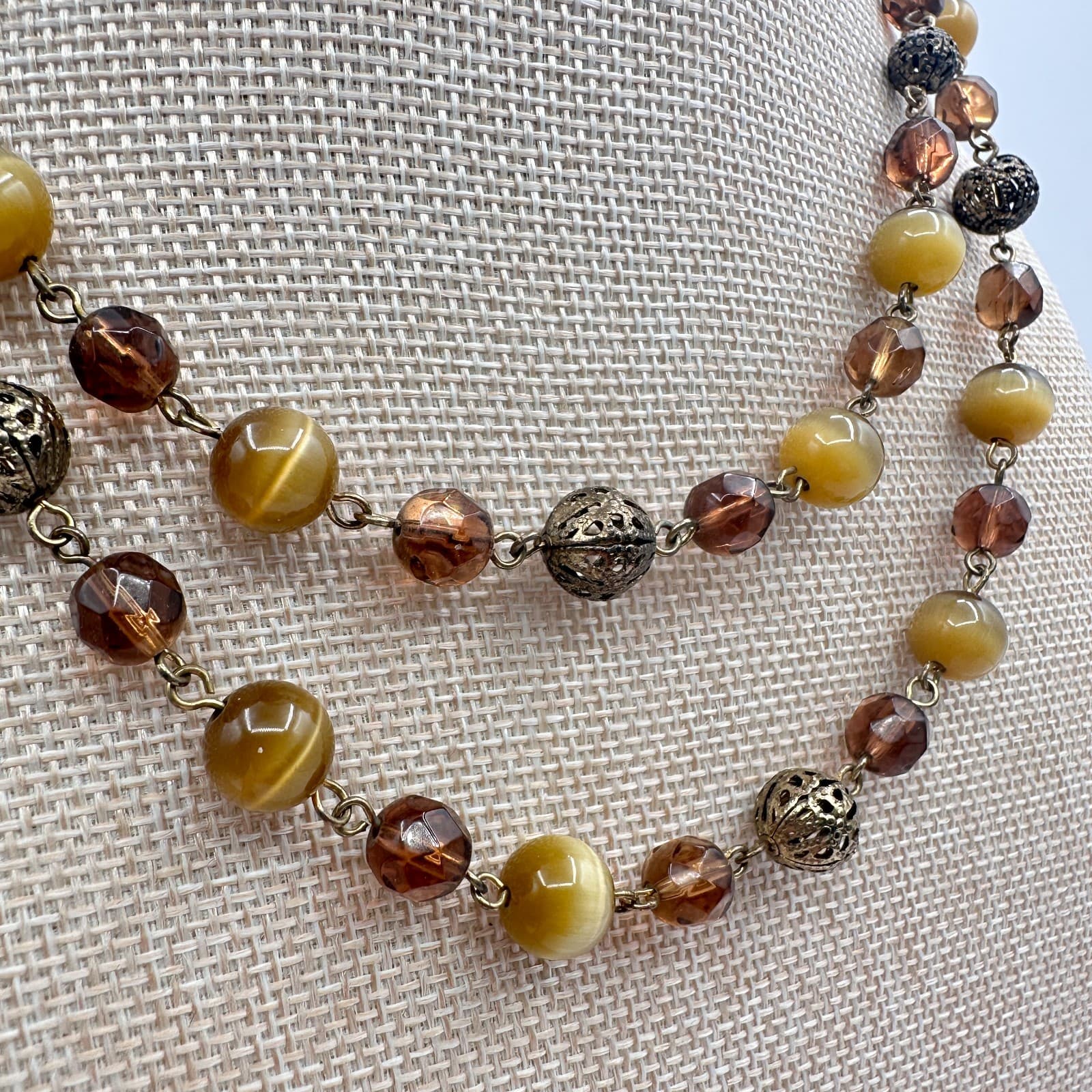 Vintage 90s Double Strand Brown Glass Cat Eye Beaded Station Necklace Jewelry - Thumbnail 4