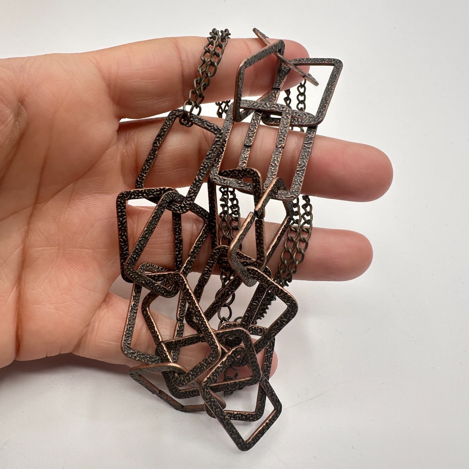 Vintage Y2K Copper Tone Geometric Textured Link Necklace Women's Classic Jewelry - Thumbnail 8