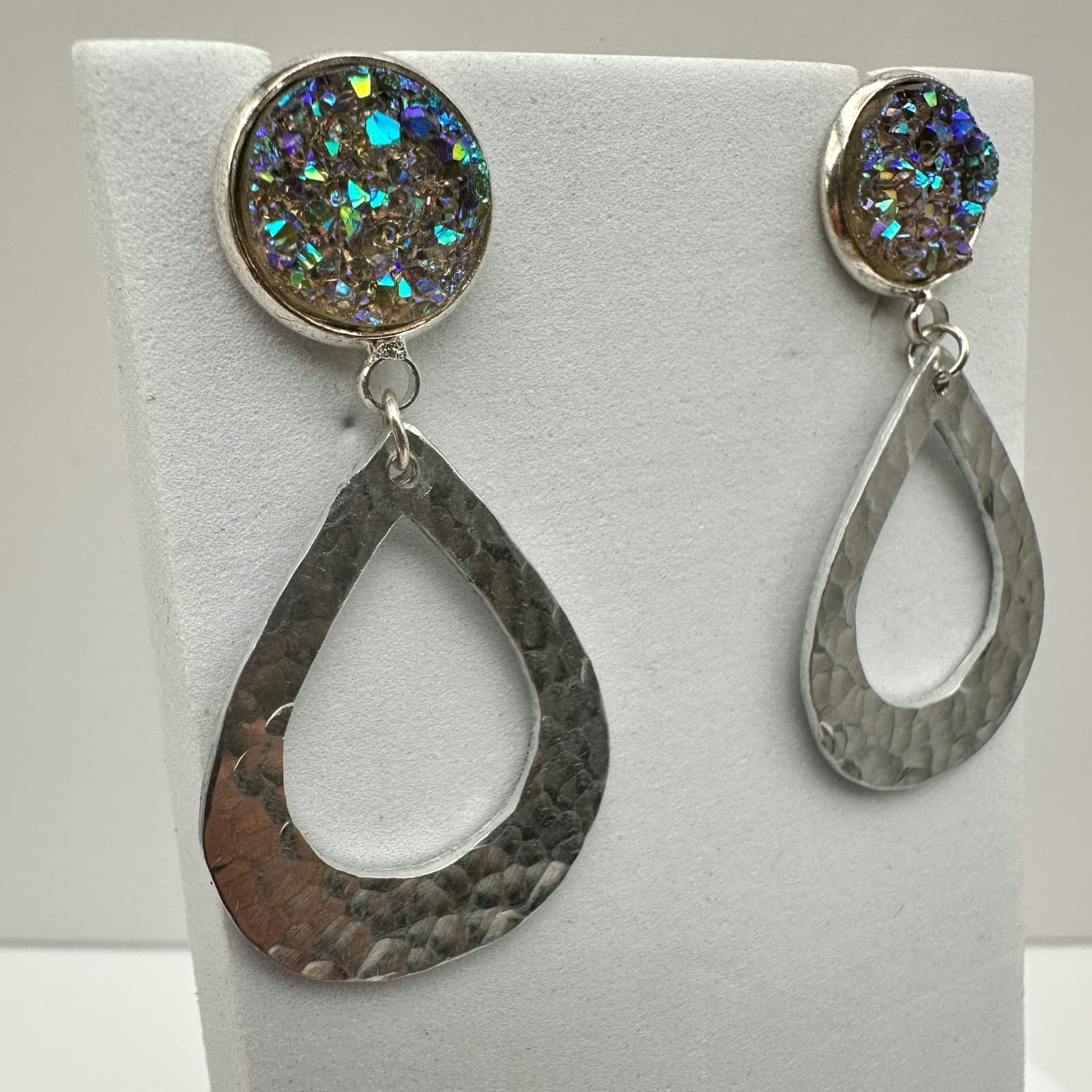 Vintage 90s 80s Dangle Rainbow Druzy Crystal Stone Earrings Silver Tone Jewelry - Thumbnail 2